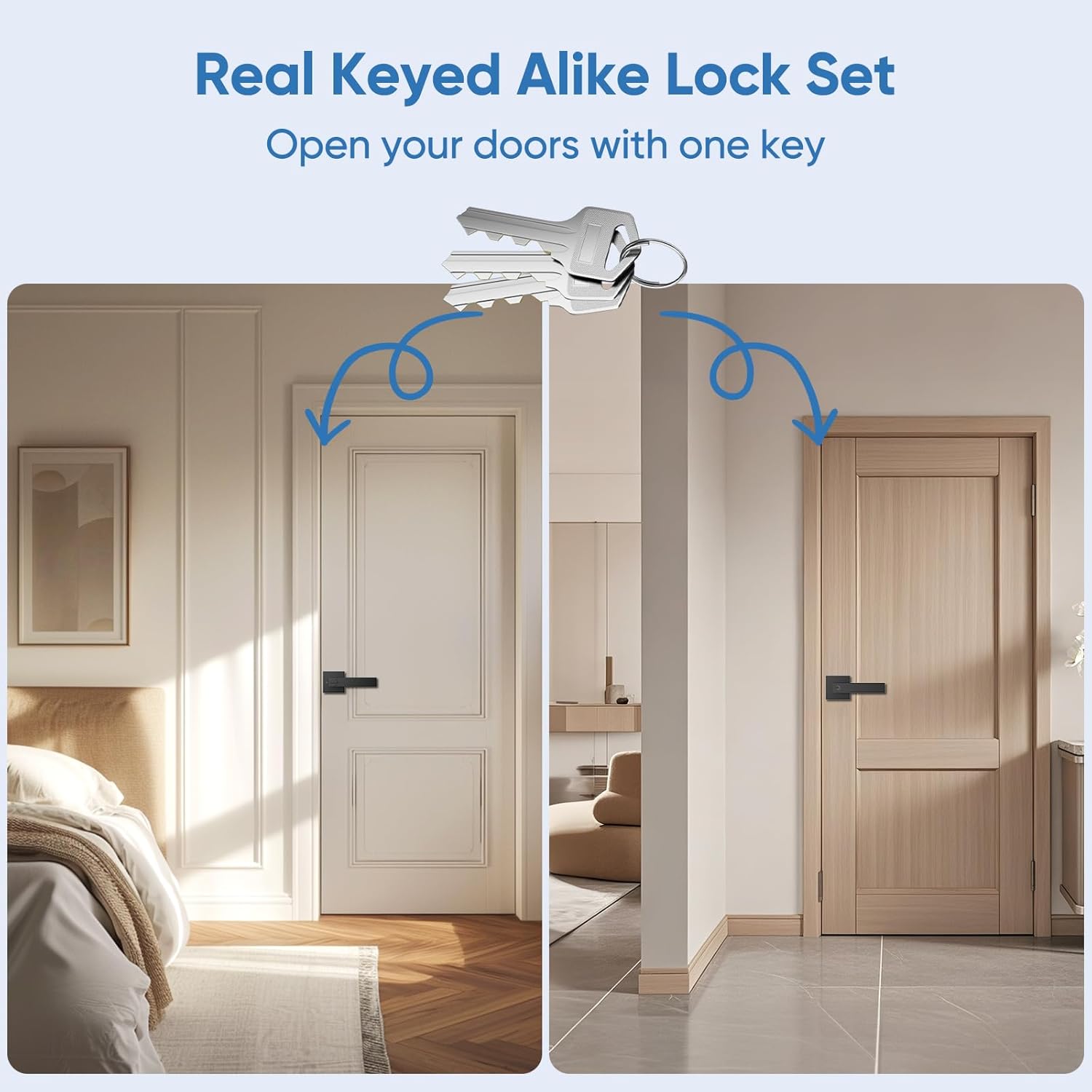 Black Door Handle, Door Handle Set for Home, Black Interior Door Handles for Bedroom, Front Door Lock Sets with Reversible Handle (4, Matte Black, Entry (Same Keys))