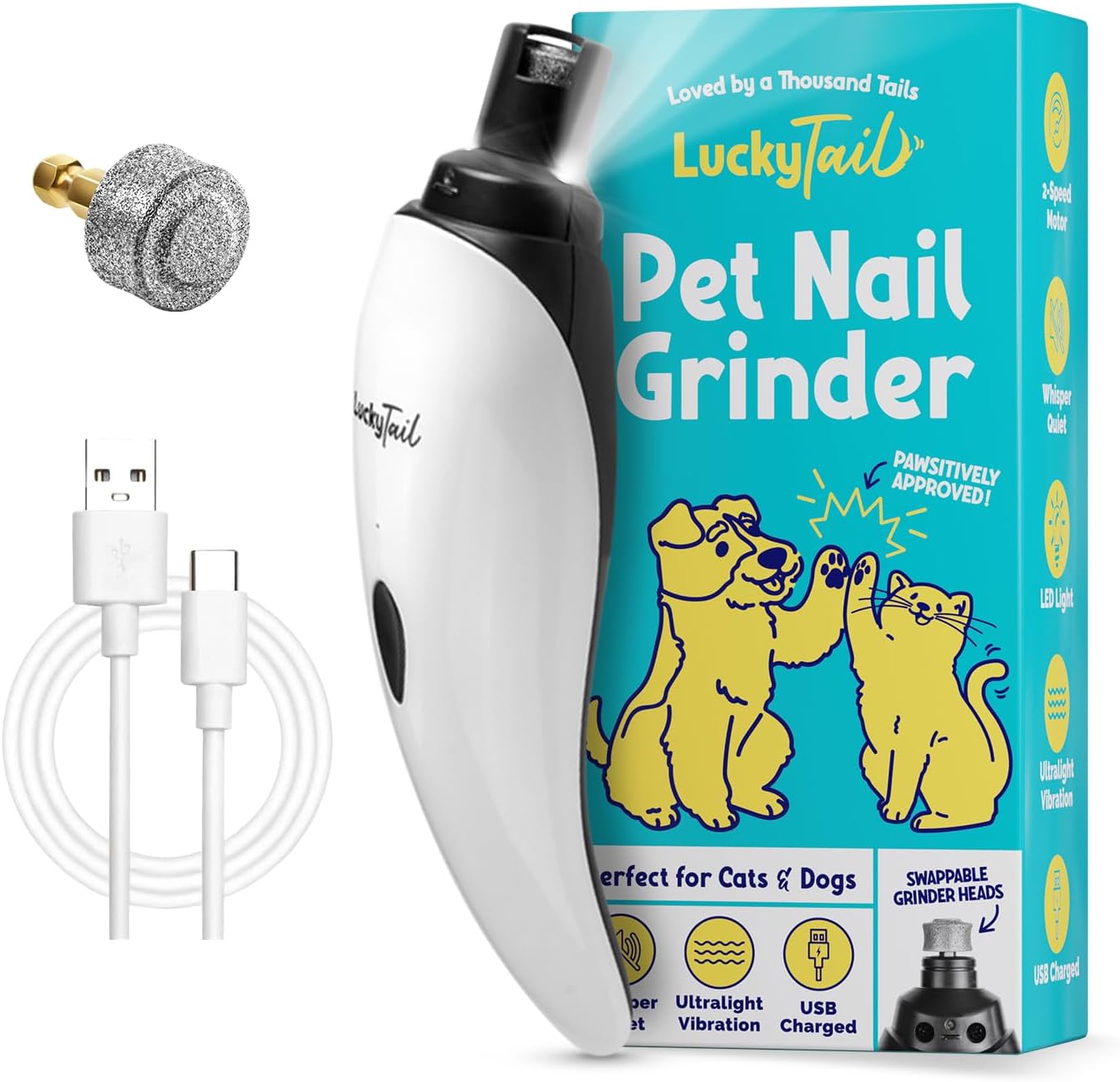 LUCKY TAIL - Dog Grinder - Small & Large Dogs - Whisper Quiet Operation (30- 50dB) - Powerful 2-Speed Motor - LED Light - Rechargeable - Pet Grooming Kit - Dog Trimmers - Pet Grinder