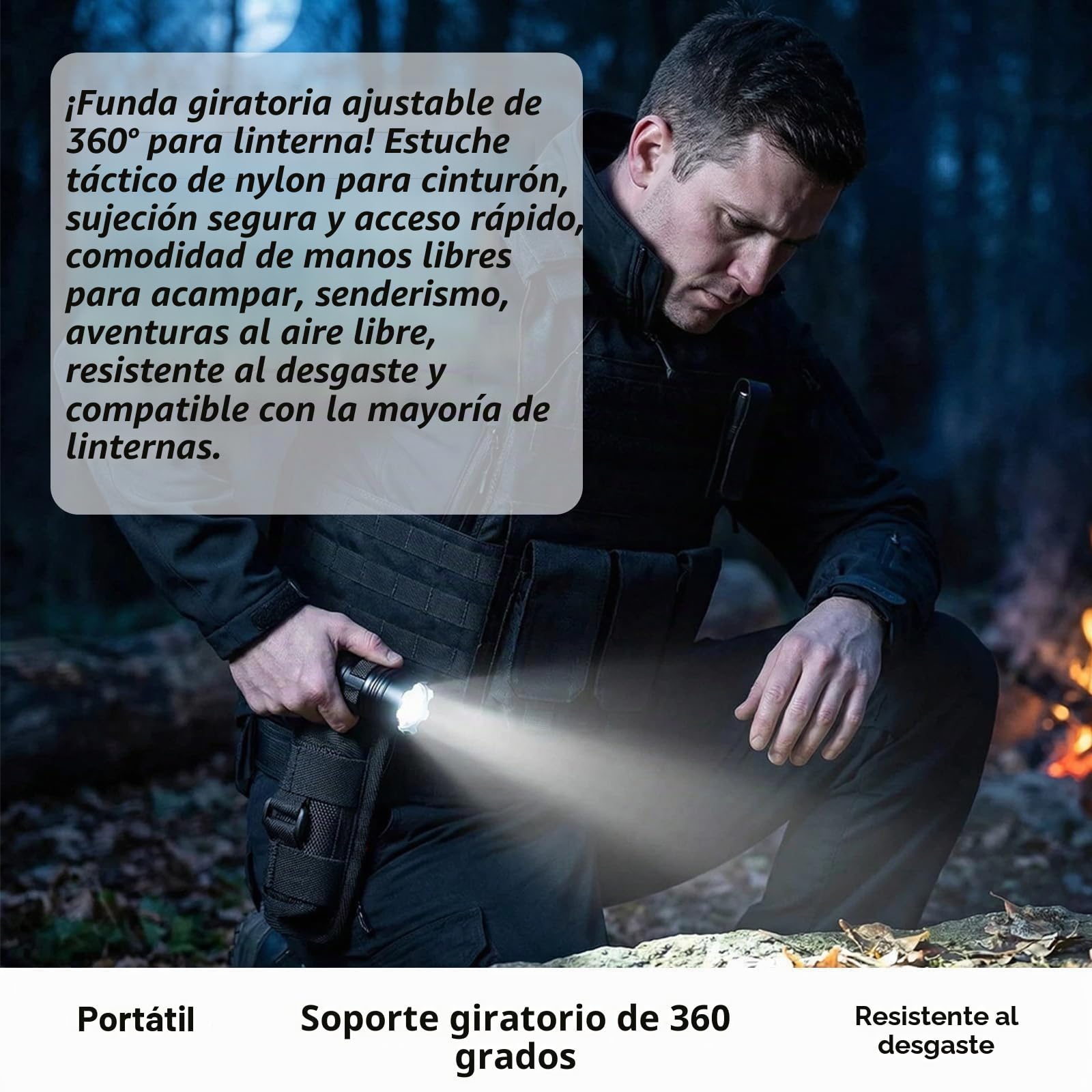 Funda de Linterna de Nylon Elástico con Clip Giratorio 360 Grados - Soporte Resistente para Actividades al Aire Libre, Senderismo y Camping, Compatible con Linternas AA y 18650, Versátil y Práctica