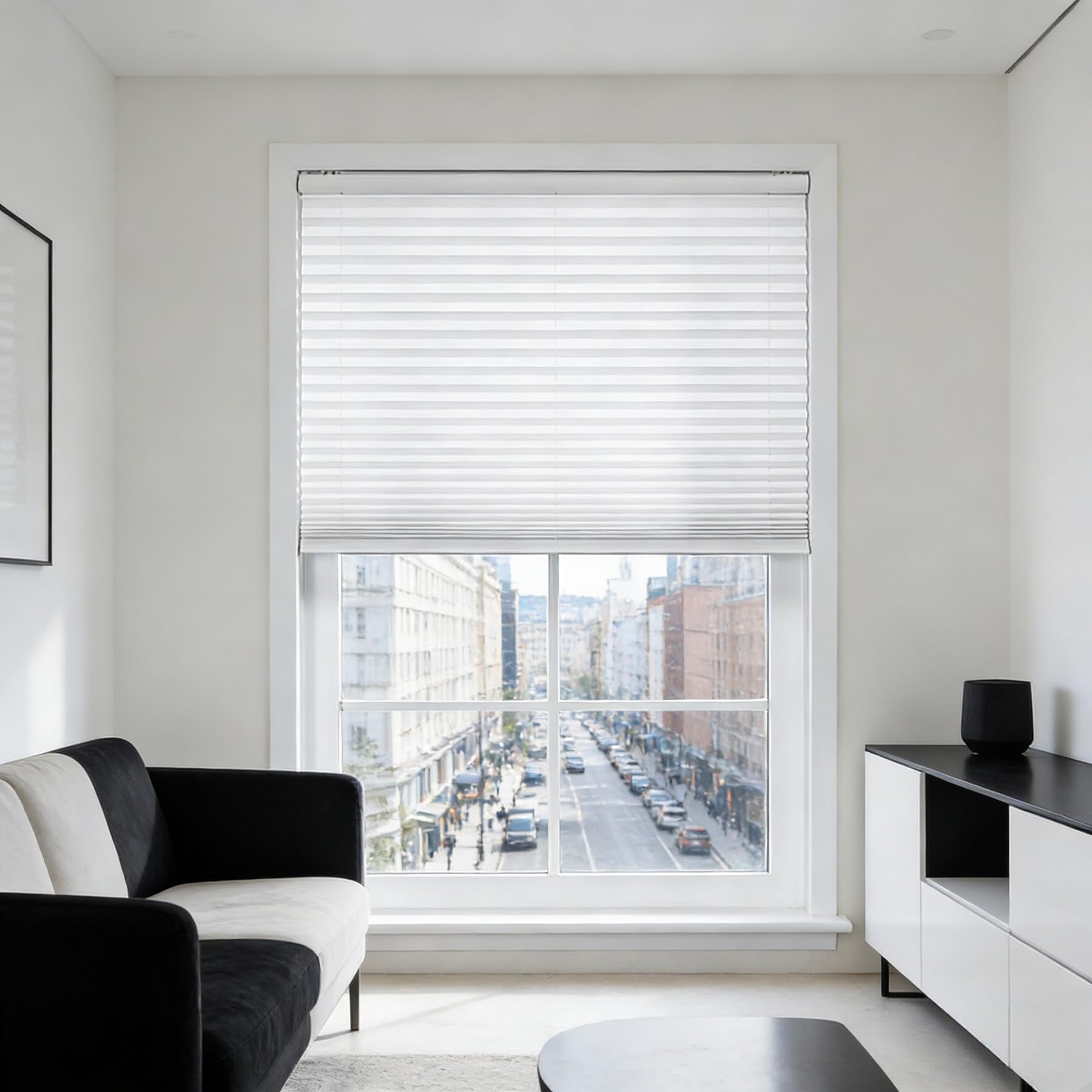 Store plissé contre le soleil et le vis-à-vis pour fenêtre et porte vitrée