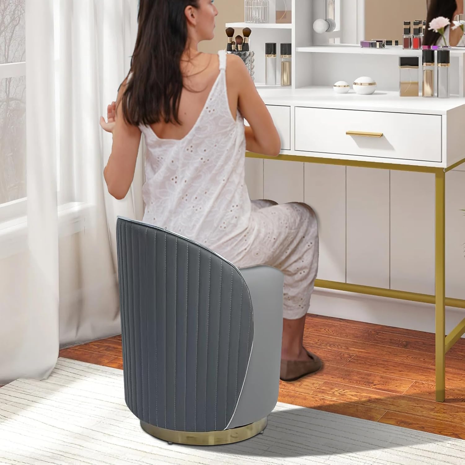 Makeup Stool, 360° Swivel Makeup Vanity Stool with Back, No Assembly Vanity Bench Seat, Swivel Barrel Chairs for Bedroom, Dressing, Living Room (Grey)