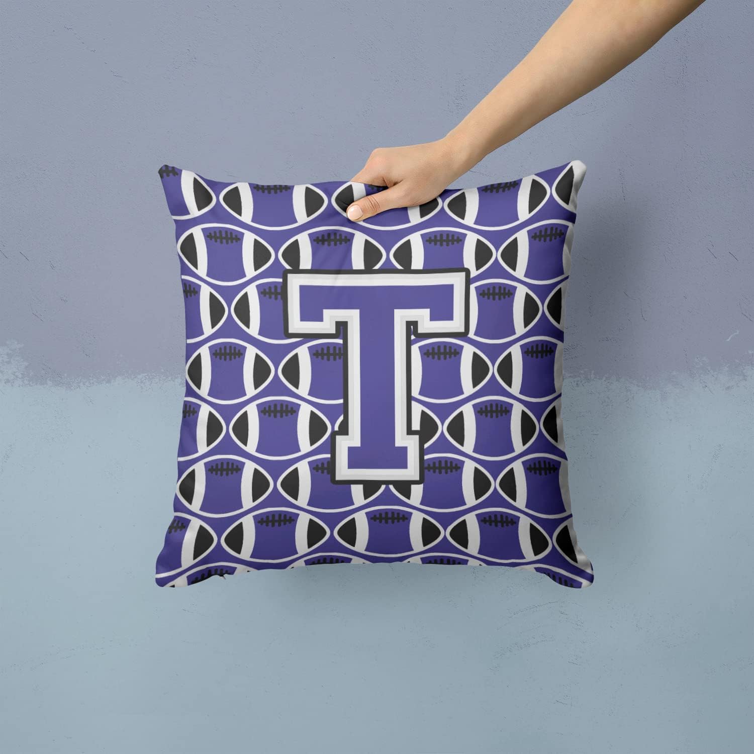 Caroline's Treasures CJ1068-TPW1414 Letter T Football Purple and White Fabric Decorative Pillow Machine Washable, Indoor Outdoor Decorative Pillow for Couch, Bed or Patio, 14Hx14W