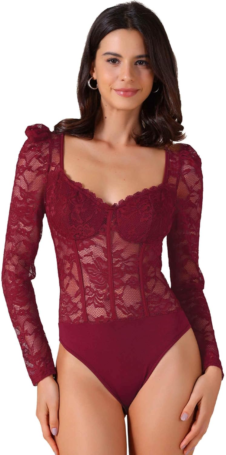 Allegra K Women's Bodysuit Corset Tops Long Sleeve See Through Sheer t Shirt