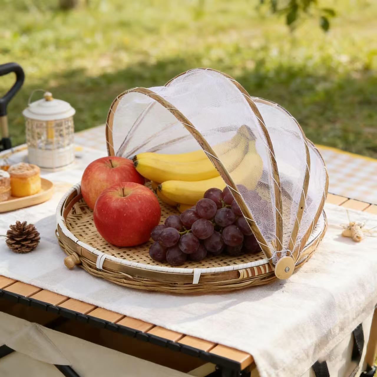 Cestino in bambù intrecciato a mano con copertura in rete, per coprire e servire il cibo, a prova di insetti, antipolvere, per pane, frutta e verdura, Bambù, Stile 3, Dia.30cm