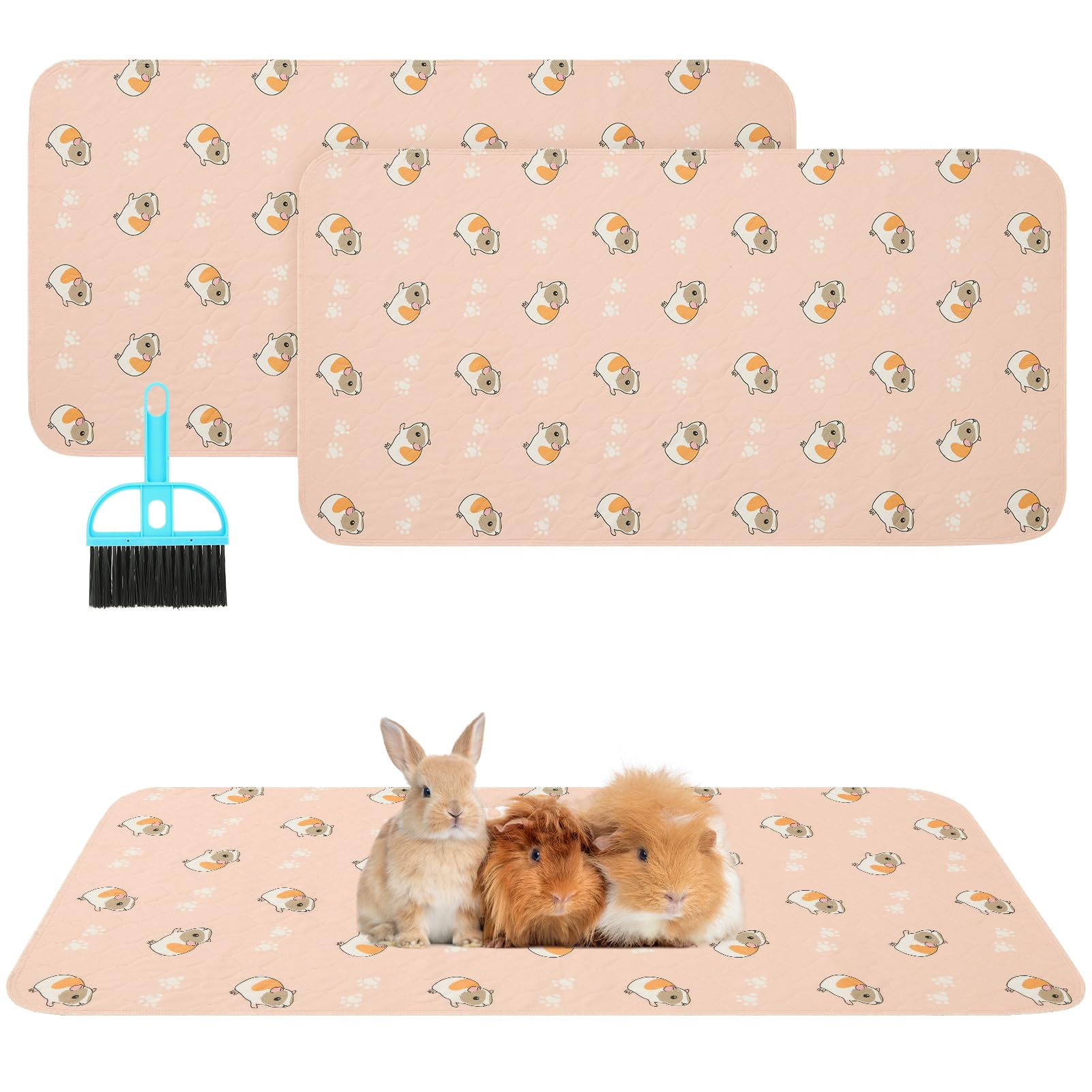 Scenereal Guinea Pig Cage Liner 2 Packs with Cleaning Brush - Fast Water Absorption Reusable Washable Pee Pads, Soft and Comfortable Mat for Small Animals Chinchillas Rabbits Hamster Bunny, 24x47in