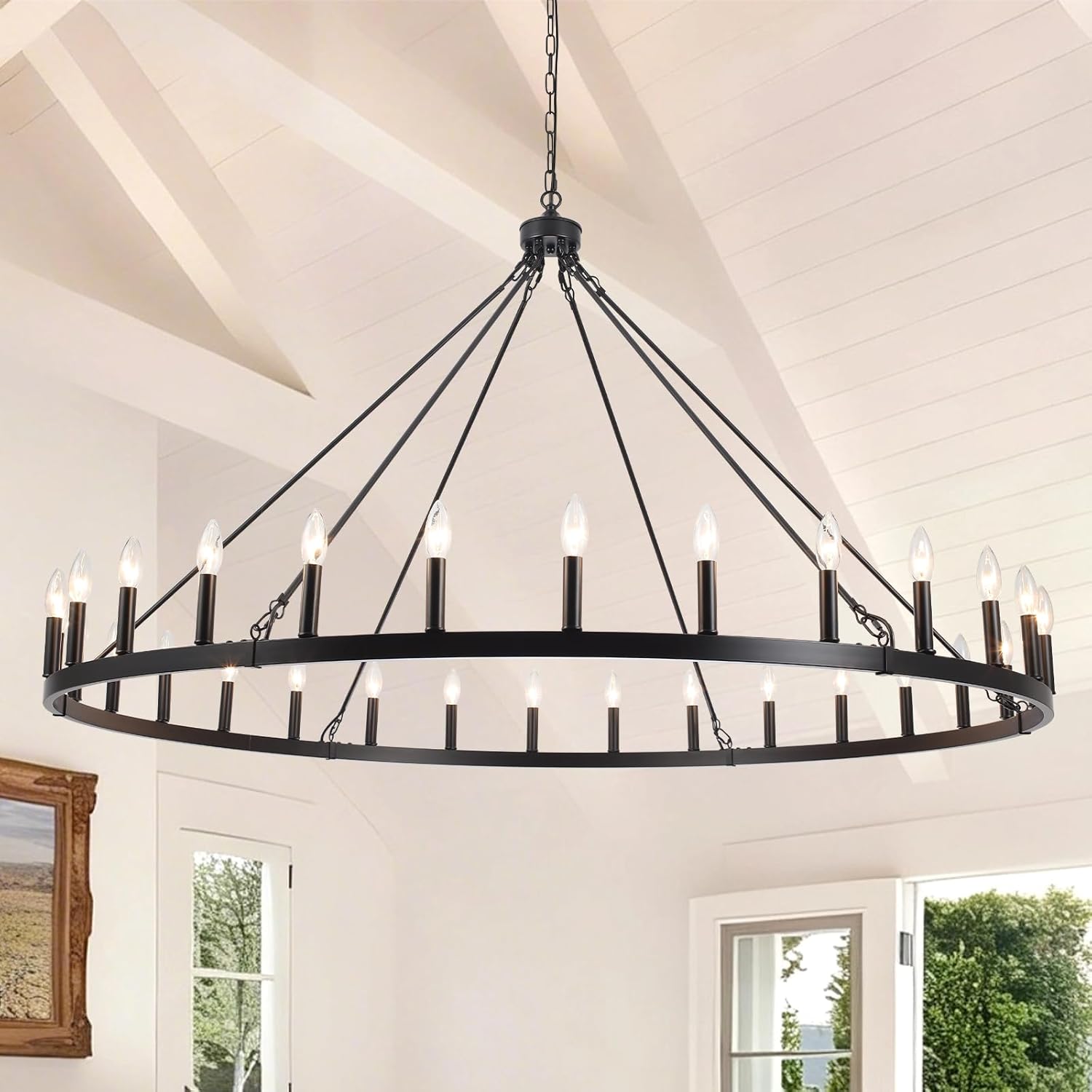 60 Inch Large Wagon Wheel Chandelier, 30-Light Black Farmhouse Candle Style Chandeliers, Industrial Round Pendant Light Fixture for High Ceilings, Living Room, Dining Room, Foyer, Porch, E12 Base