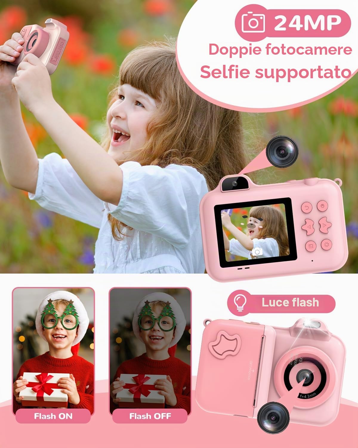 Macchina Fotografica Bambini Istantanea, 2.4" Fotocamera Digitale Selfie con 24MP/1080P HD Videocamera, 32GB Scheda, 5 Rotoli Carta Stampa Fotocamera Bambini per Ragazze Ragazzi da 3-14 Regalo, Rosa
