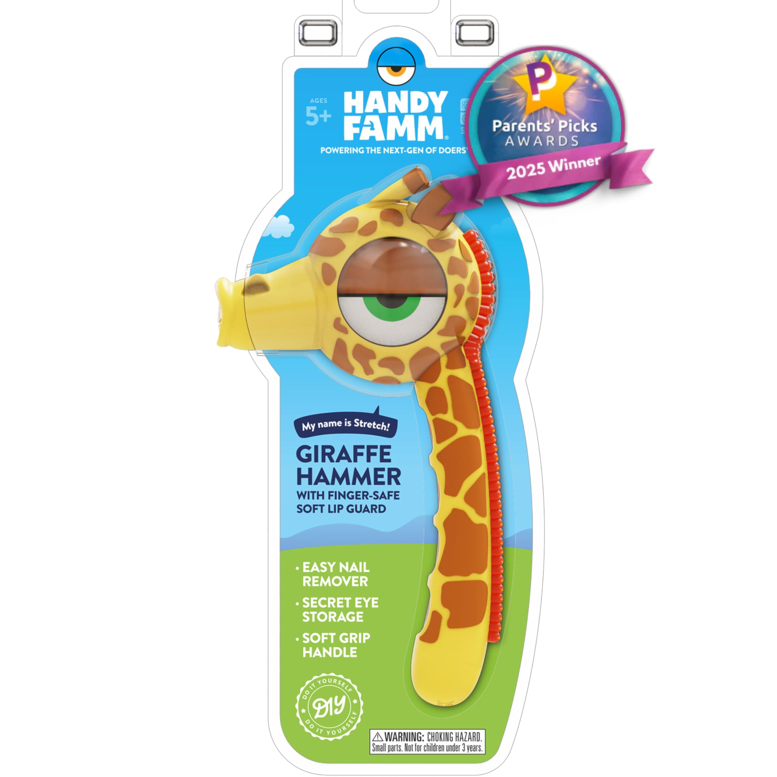 Handy Famm Real Metal Giraffe Hammer for Kids, Patented Safety Mouth Sleeve and Nail Remover, STEM DIY Tool for Children Ages 5 and Up, Yellow