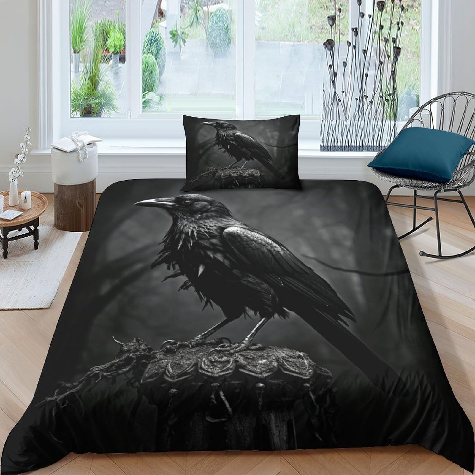 Geeyou Boys Raven Duvet Cover, Polycotton Quilt Cover With Pillowcases Sleeping Aid Crows Comforter Set With Hidden Zipper Microfiber Kids Adults Girls Single（135X200cm）