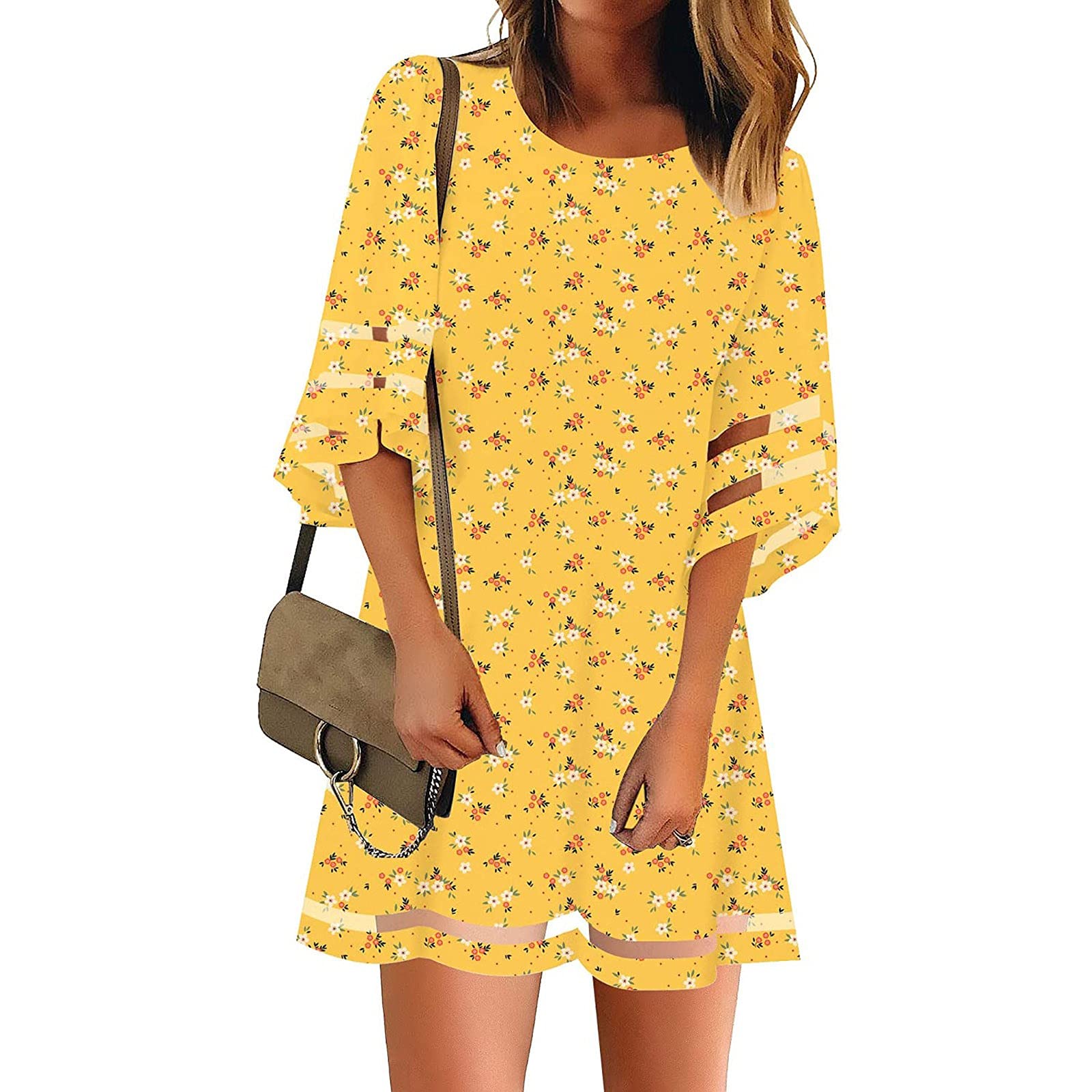 HKDGID Women Summer Casual Daisy Floral Short Sleeve Dress Vintage Print Beach Swing Dress