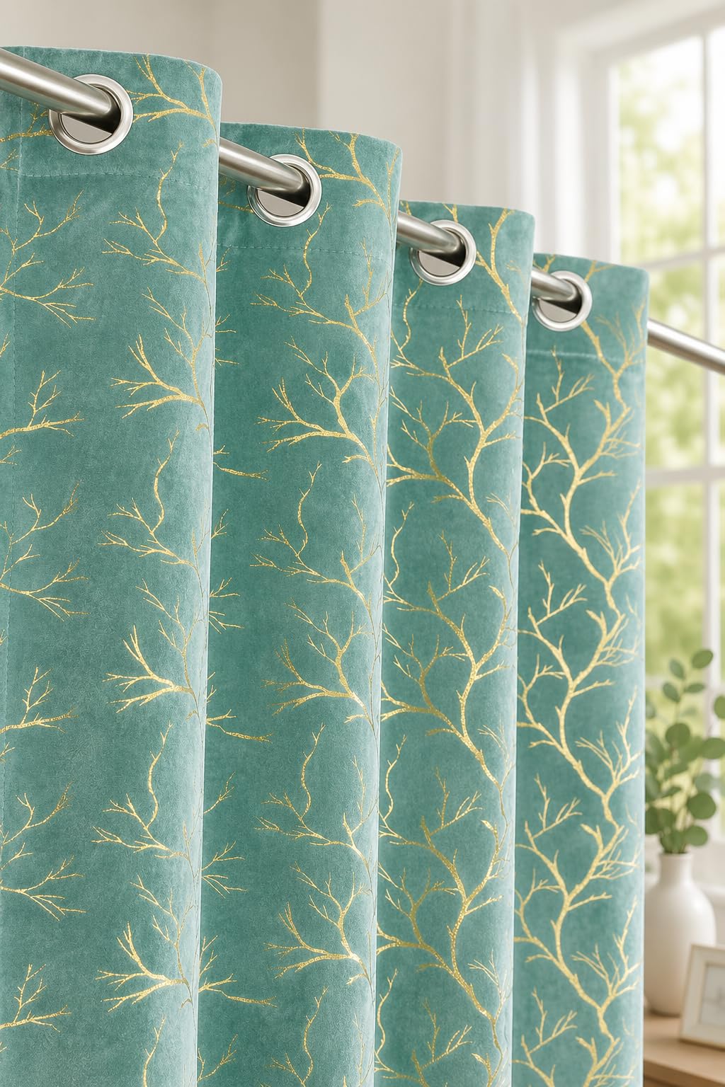 Teal Velvet Foil Curtains - 6ft Long, Easy Install -5