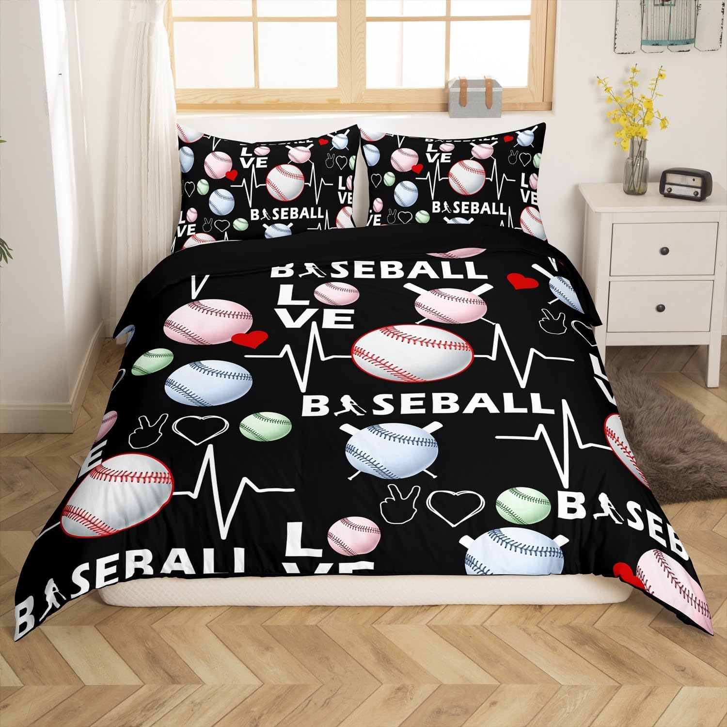 Watercolor Baseball Duvet Cover Twin Size for Kids Boys Teens,Sport Theme Ball Gamer Lover 2 Pieces Duvet Cover,Baseball Lover Comforter Cover (Not Comforter),Rustic Black Print Quilt Cover