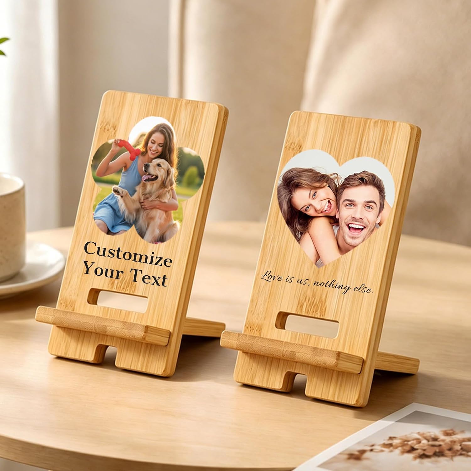 Personalized Photo Wooden Phone Stand with Custom Picture & Text, Natural Wood Cell Phone Holder for Desk, Decorative Anniversary Birthday for Couples Family
