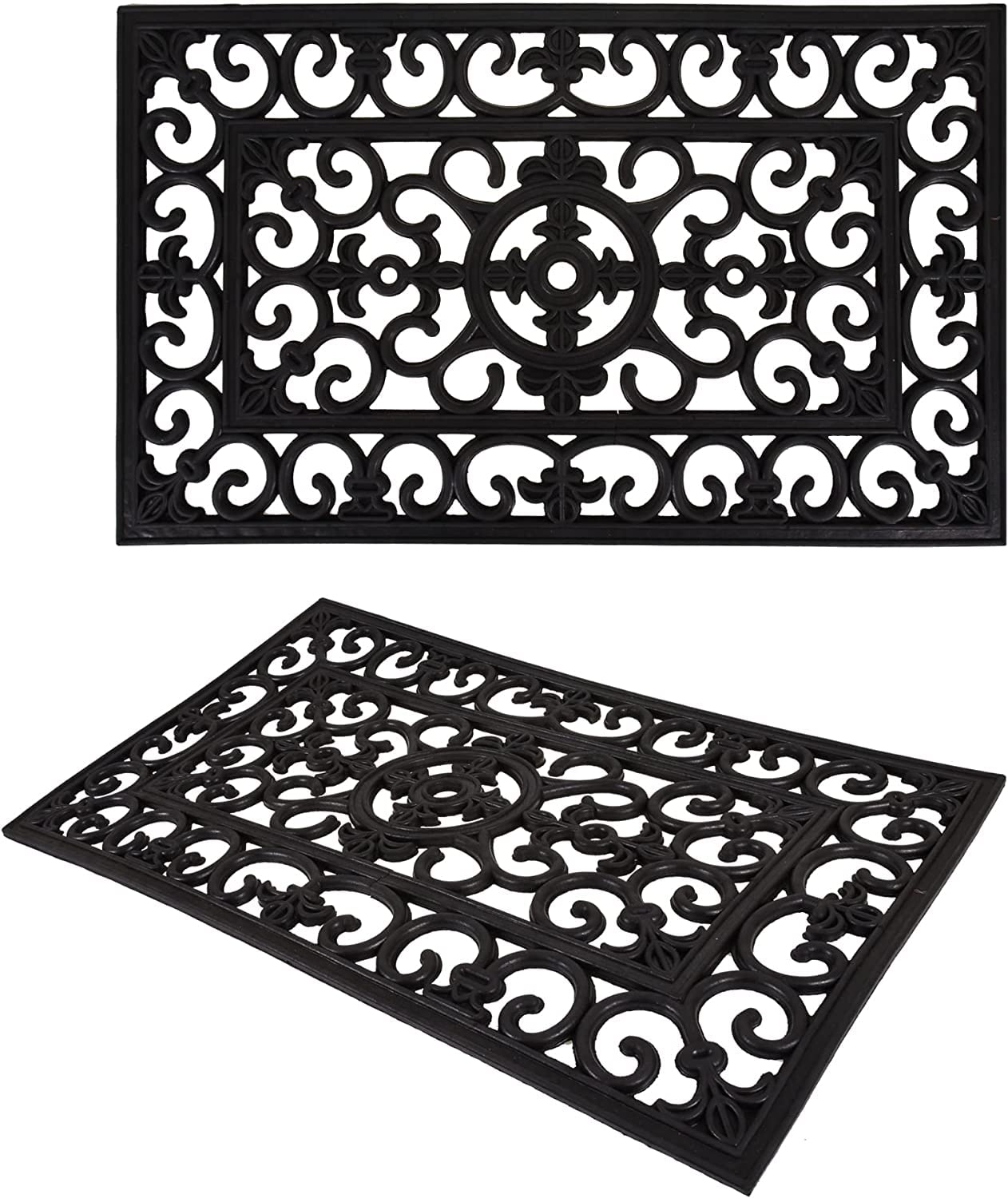 AuraHome Heavy Duty Rubber Door Mat | Wrought Iron Effect | Decorative Scroll Doormat Patio Front Door | Non-Slip Indoor Outdoor Use Black Mats Waterproof Entrance Mat Classic Mat (45 x 75cm)