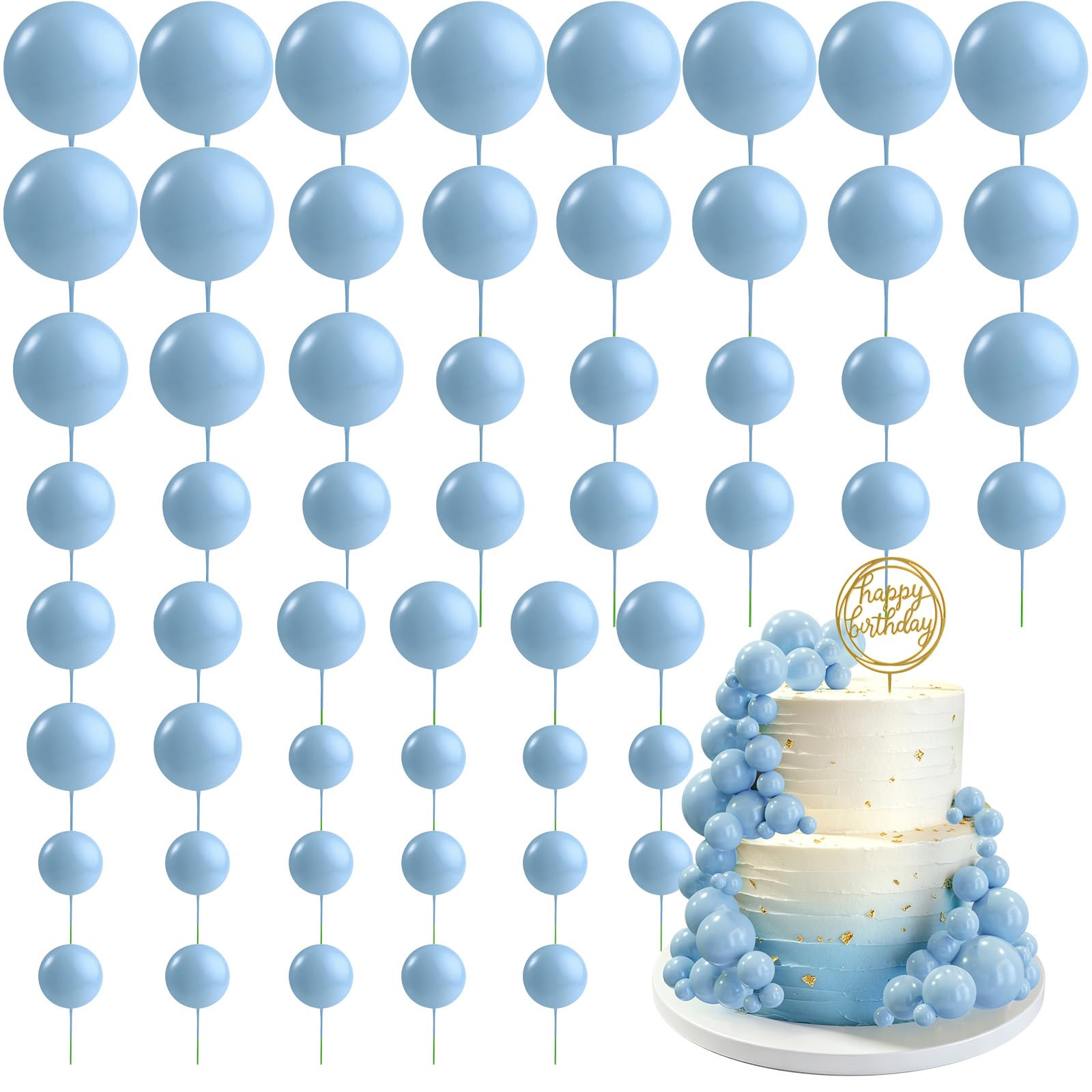 CHRORINE 55 Pcs Balls Cake Topper Decorations Mini Balloon Cupcake Toppers Foam Balls for Cake Decorating Birthday Parties Weddings Anniversary Baby Shower (Light Blue)