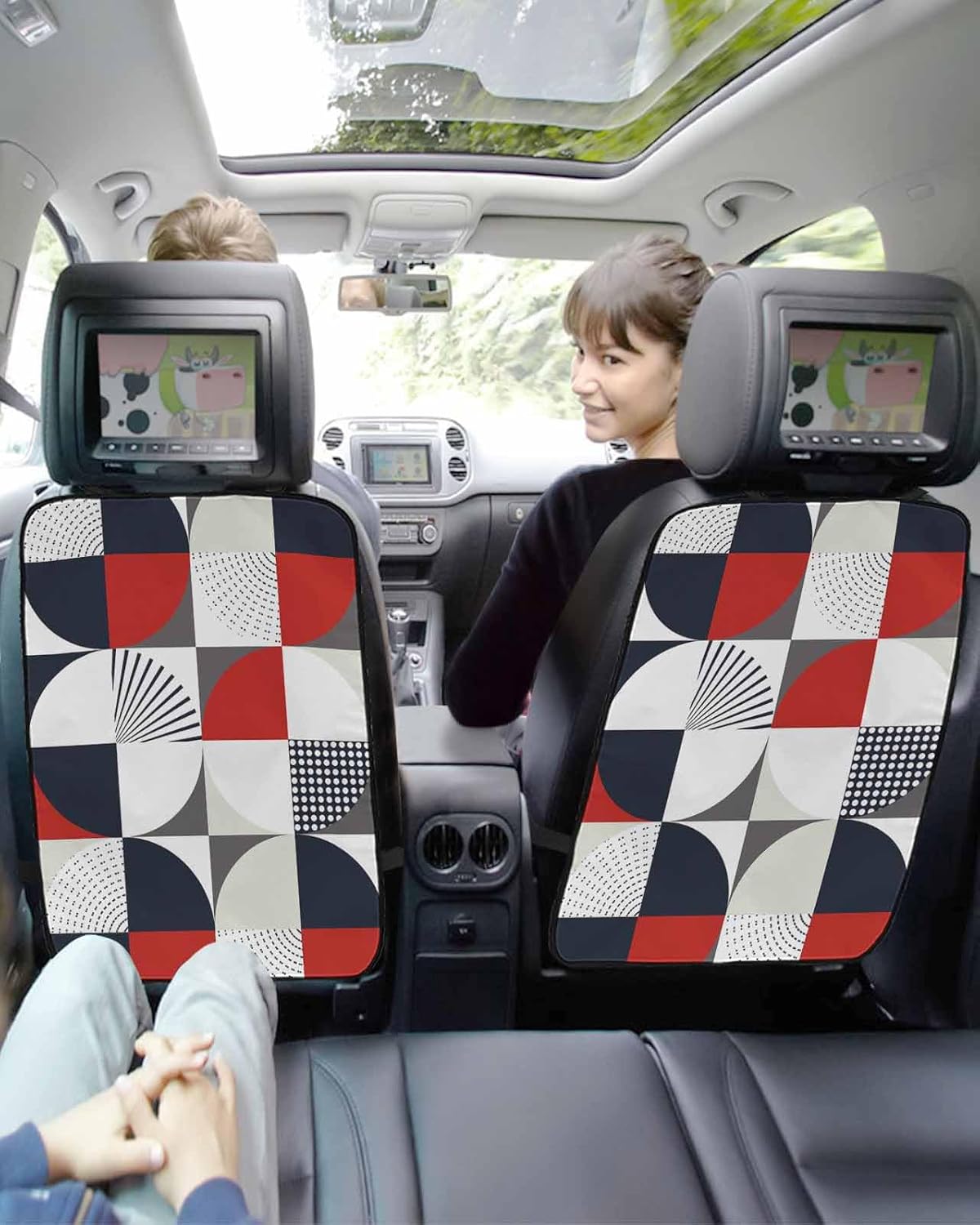 Car Seat Protector, 2 Pack Kick Mats Back Seat Protector Mid Century Abstract Red White Blue Geometric Pattern Waterproof Backseat Cover for Kids Universal Fit Automotive Interior Protectors