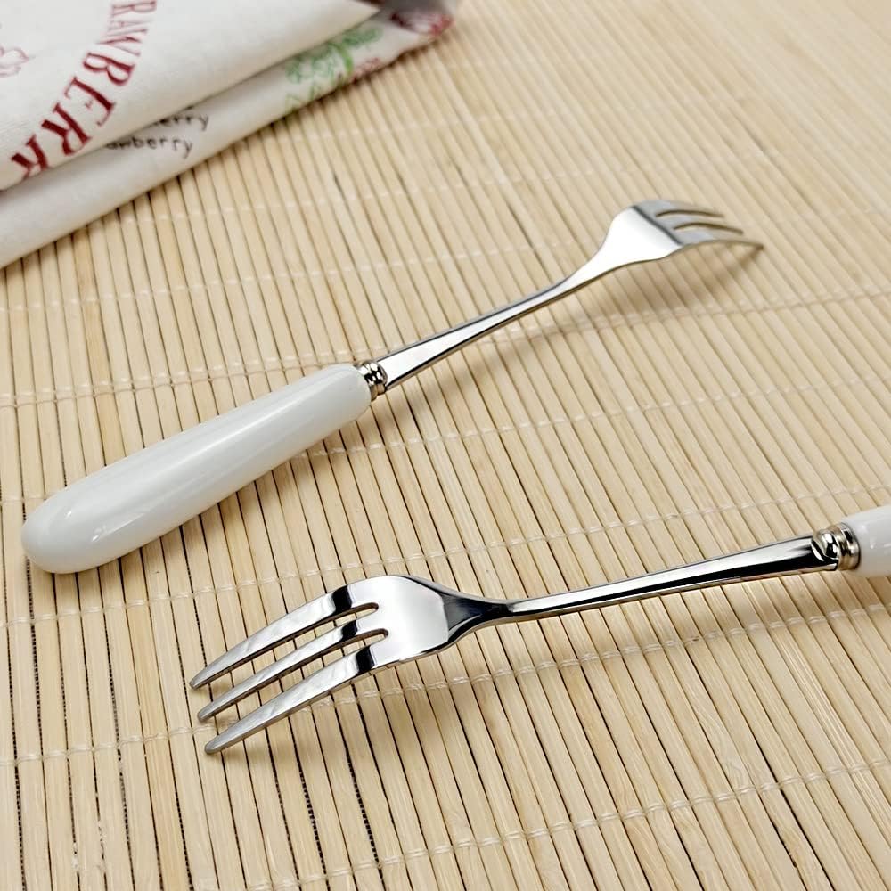 Fine Dessert Forks 18-10 Stainless Steel Fruit Fork(Creative White Ceramic Handle) Tasting Forks, 3-Tine Forks, sus304 6inch (6 Pcs)