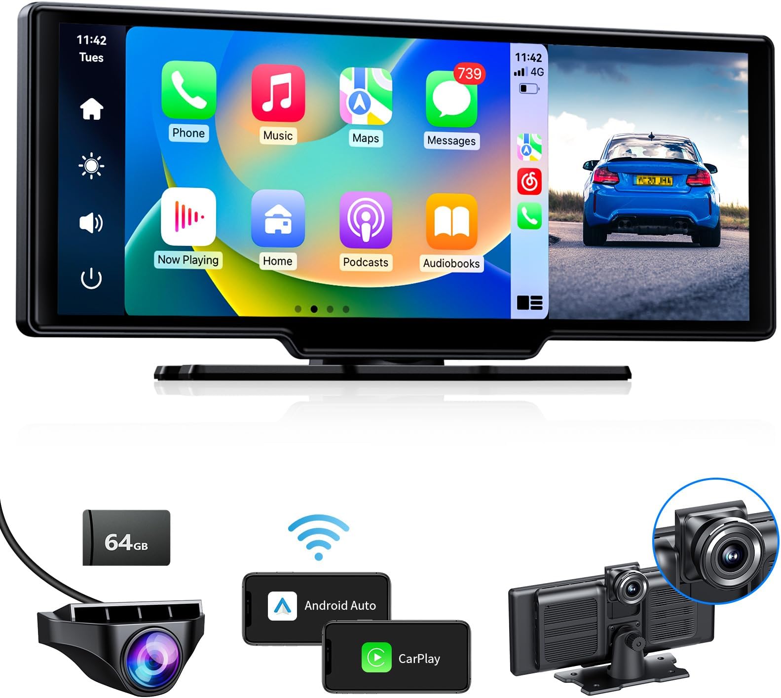 MC26 Wireless CarPlay, Android Auto with 4K/1080P Dash Cam Front and Rear, 9.3” Touchscreen Car Stereo with AirPlay, CarPlay Screen for Car, Loop Recording, Navigation, Free 64GB Card