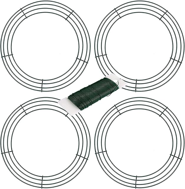 ECHG 4Pcs 16inch Wire Wreath Frame Rings with Green Flexible Florist Craft Wire for DIY Christmas Thanksgiving Day New Year Wreaths Decoration