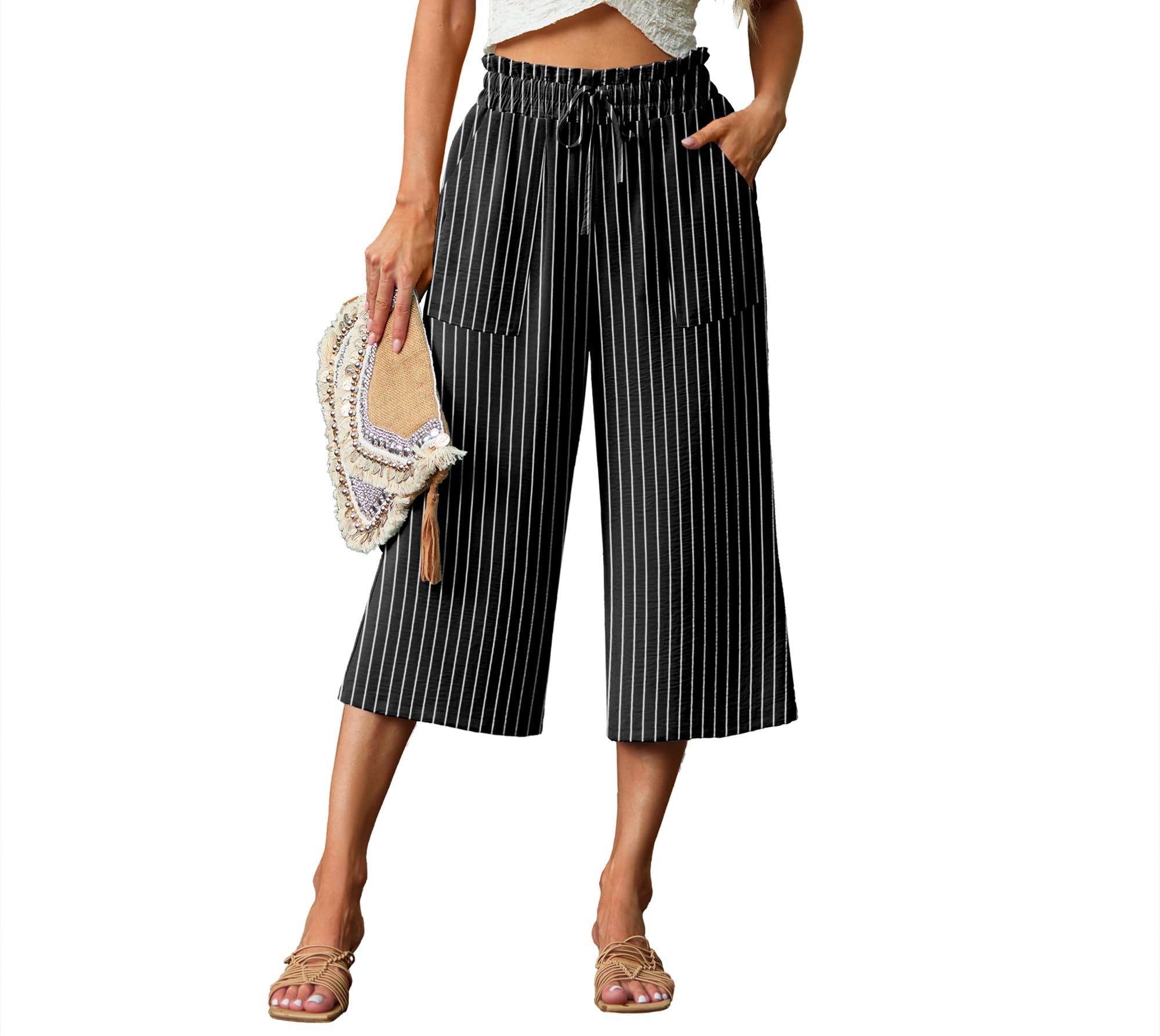 Lepunuo Women's Wide Leg Capri Pants High Waisted Palazzo Pants Adjustable Casual Tie Knot Pants with Pockets