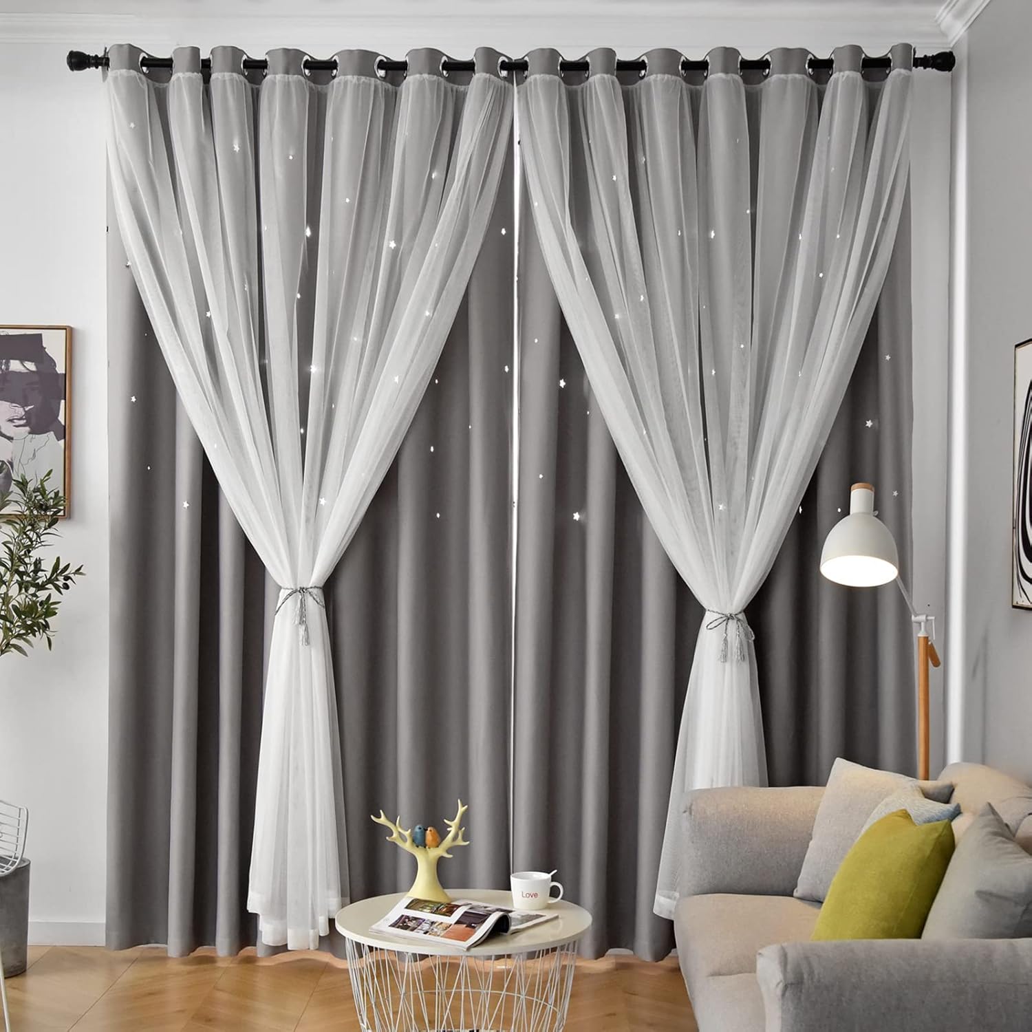 Star Curtains Double Layer Curtains Blackout Curtains for Bedroom Kids Curtains Cute Curtains, Curtains 63 Inches Long 2 Panels Set, Grey Curtains, 42 X 63 Inches Grey 42"W x 63"L (Pack of 2)