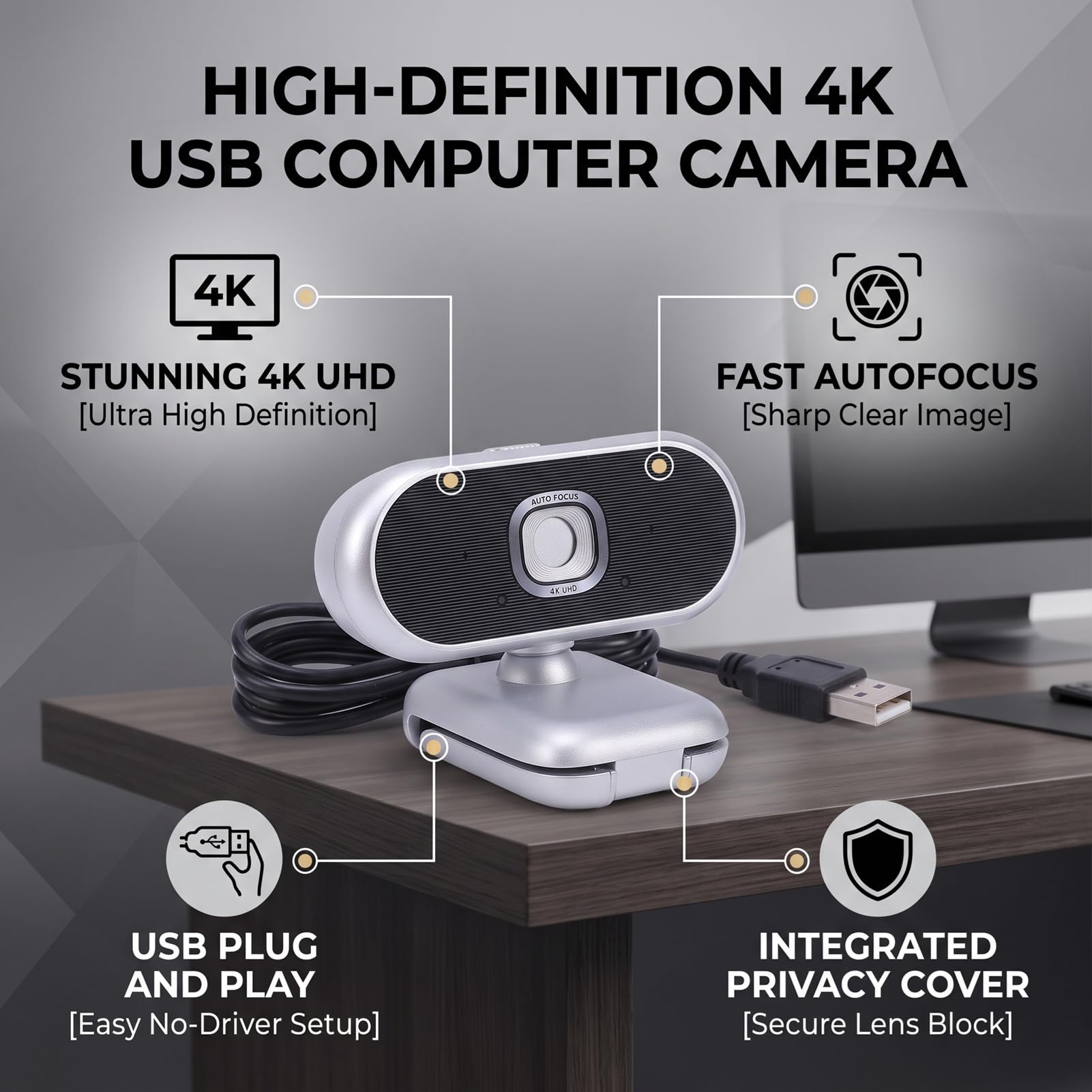 VBESTLIFE Webcam 4K con Messa a Fuoco Automatica e Copertura Privacy per | USB Plug and Play, Grandangolo da 75°, Inclinazione Panoramica a 360°, Interfaccia 2.0 Ad Alta velocità, per