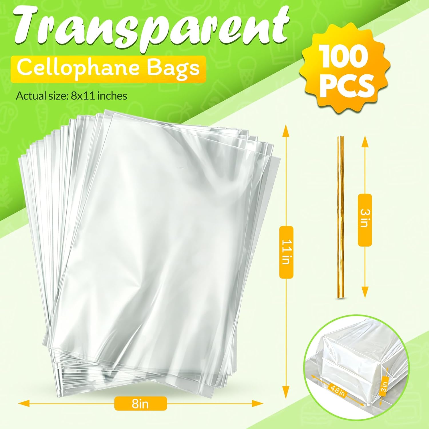 Cellophane Treat Bags 8x11 100PCS Clear Goodie Bags with Ties for Gift Wrap image 2