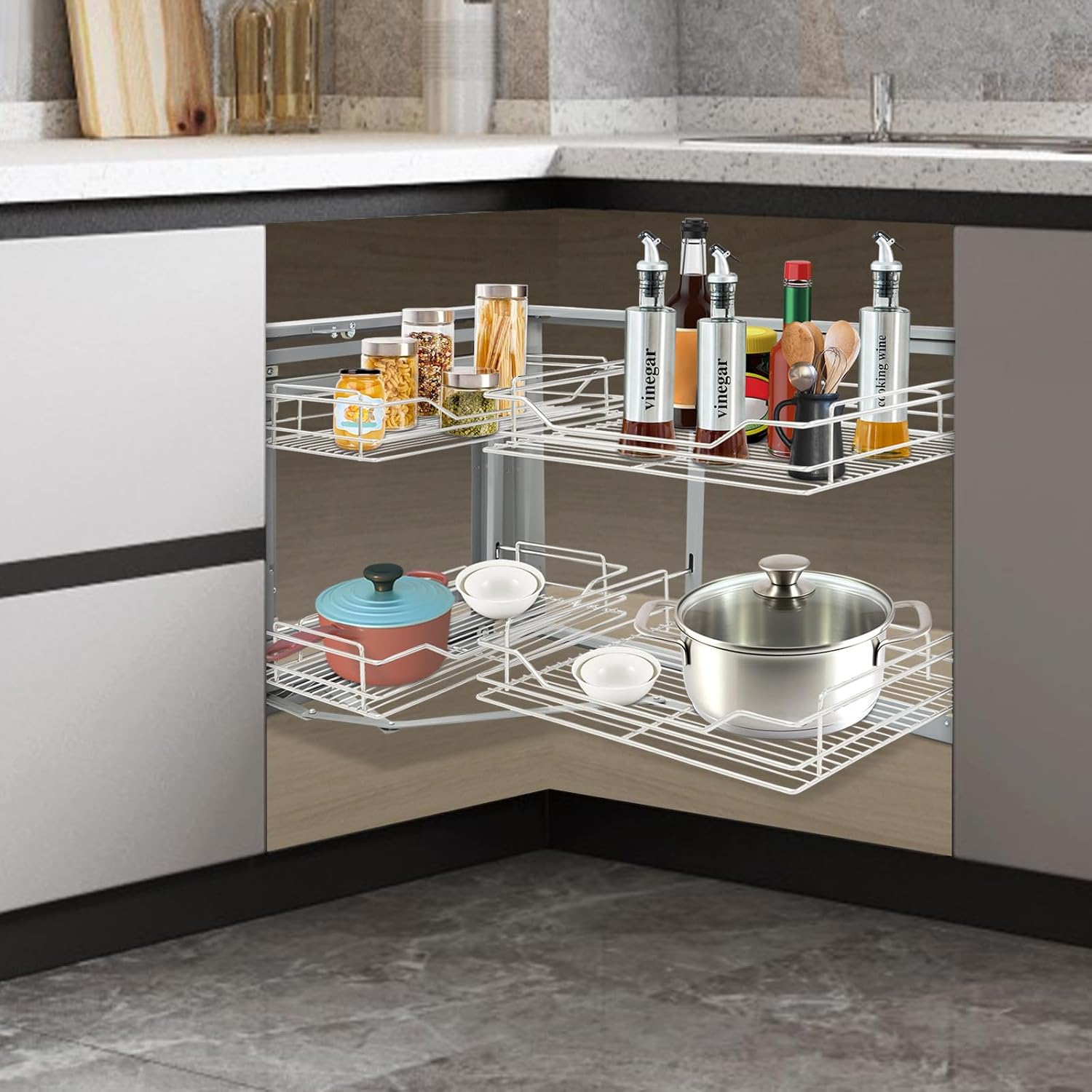 Pull-Out Cabinet Organizer, 2-Tier Left or Right Corner Kitchen Cabinet Organizer, Slide Out Drawer, Stainless Steel, Grey Silver, 4 Baskets, for Pantry, Kitchen, Apartment, Home Storage