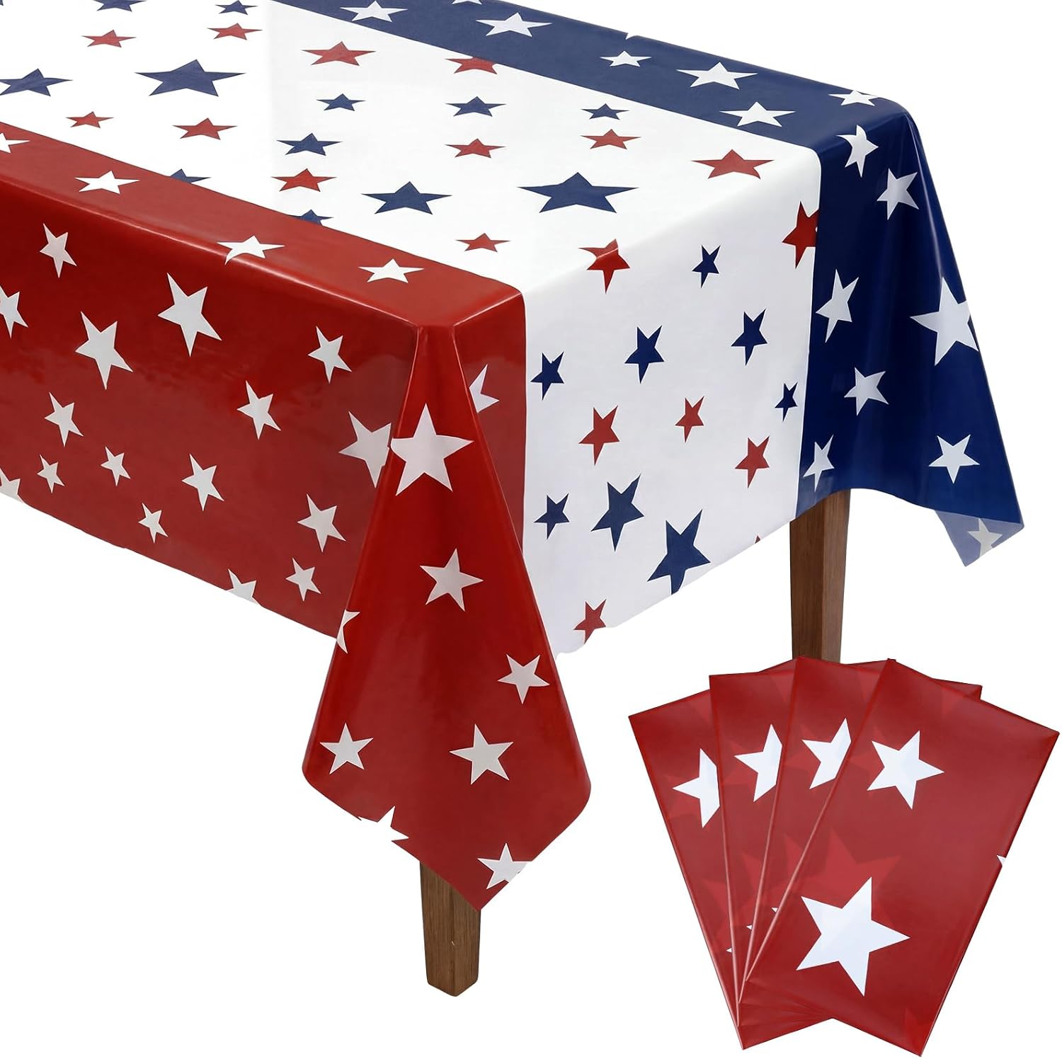Frienda 4 Pcs USA 4th of July Tablecloth Patriotic 250th Anniversary Plastic Disposable Tablecloth Red White Blue Stars American Flag Table Cover for Memorial Independence Day BBQ Party Decorations