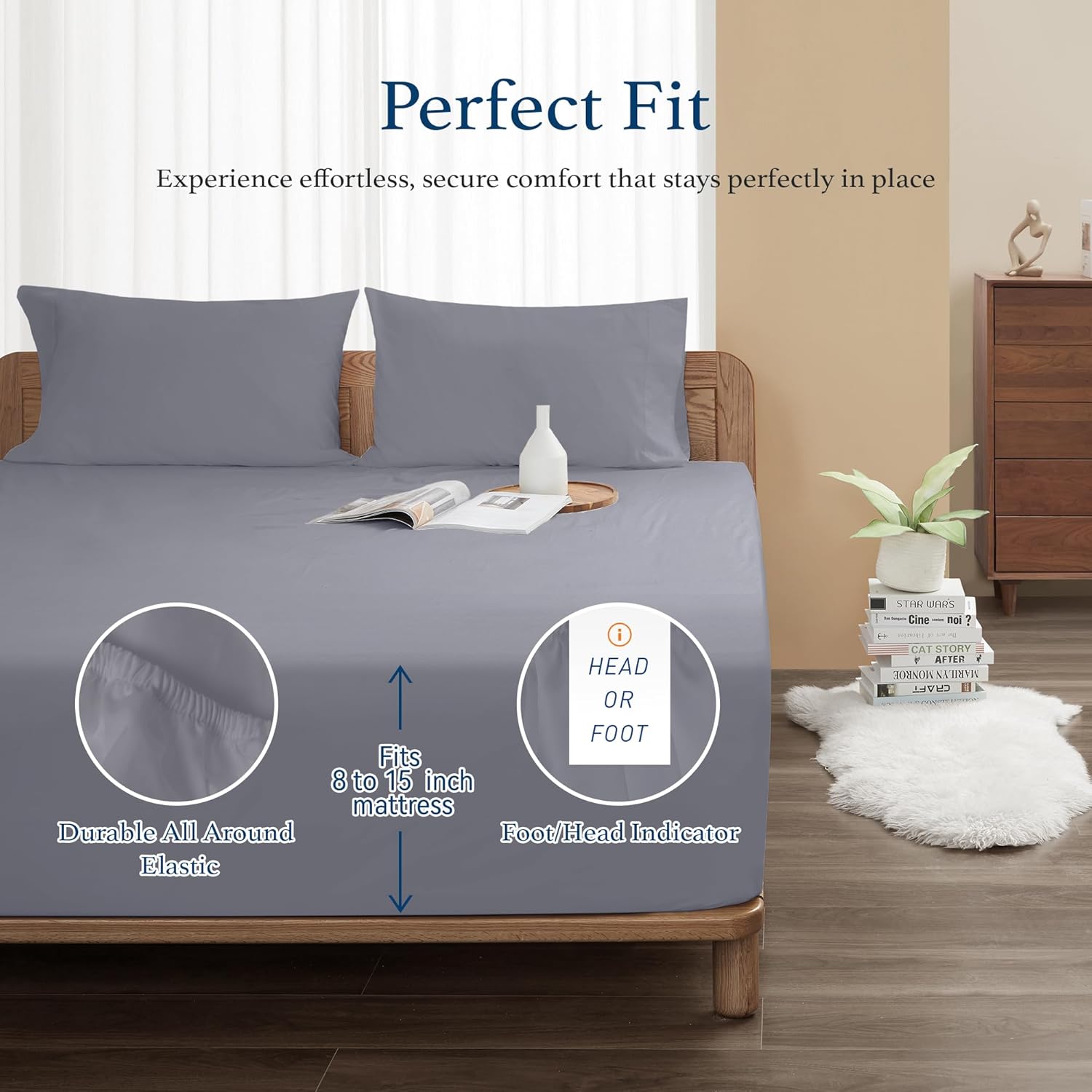 100% Cotton Percale Fitted Sheet Full Size, 8-15" Deep Pocket Cooling Bottom Sheet, Breathable Soft & Crisp Fitted Sheet Only with 4 Corner Straps (Full, Dark Gray)