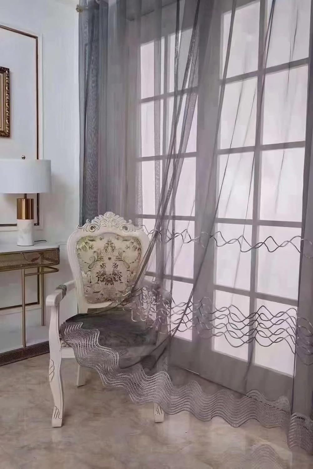 Daesar Living Room Curtains 2 Panel Sets 63 Inch Length, Hooks Tulle Curtains Wave Pattern with Hollow Border Voile Curtains for Kitcken Window Treatment, 54x63 Inch Grey