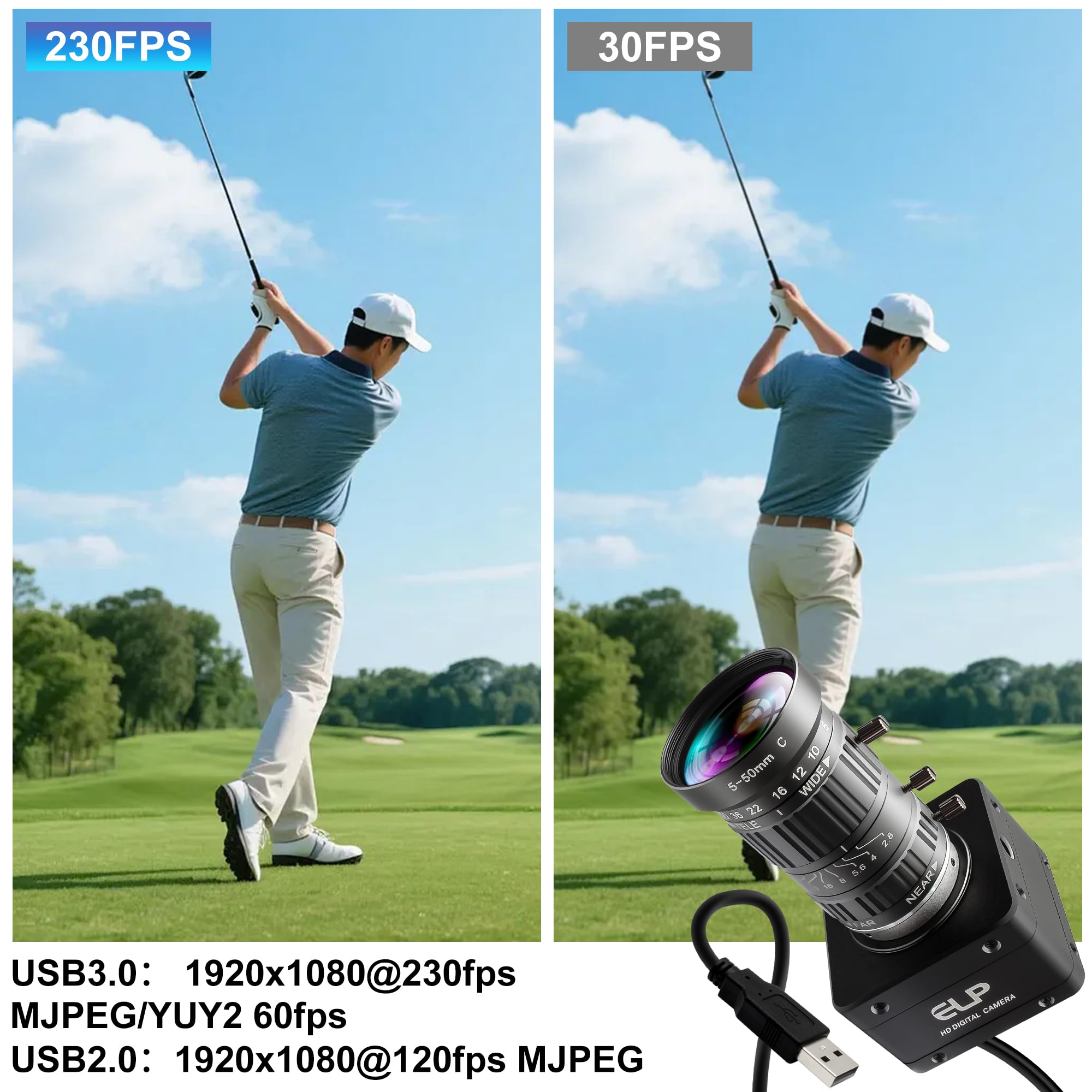 ELP Fotocamera da 12 MP USB 3.0, 4K a 30 fps, 1080p a 230 fps, alta frequenza fotogrammi UVC con obiettivo zoom 10X da 5-50 mm, Plug & Play per applicazioni industriali, sorveglianza e stampa 3D