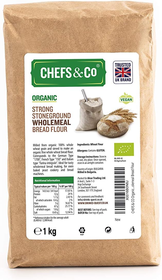 Stoneground Strong Organic Wholemeal Bread Flour 1 Kg | Freshly Milled Flour for Baking | Oven Baked Yeast Cookery & Bread Machines