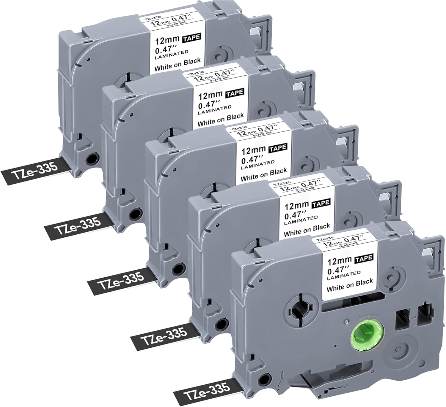 TZE-335 Compatible Label Tape Replacement for Brother TZe-335 TZe335 Label Maker Tape, White on Black, Use for PT-D200 PT-D210 PTH100 PT-D400, 0.47" x 26.2'(12mm x 8m), 5 Packs New