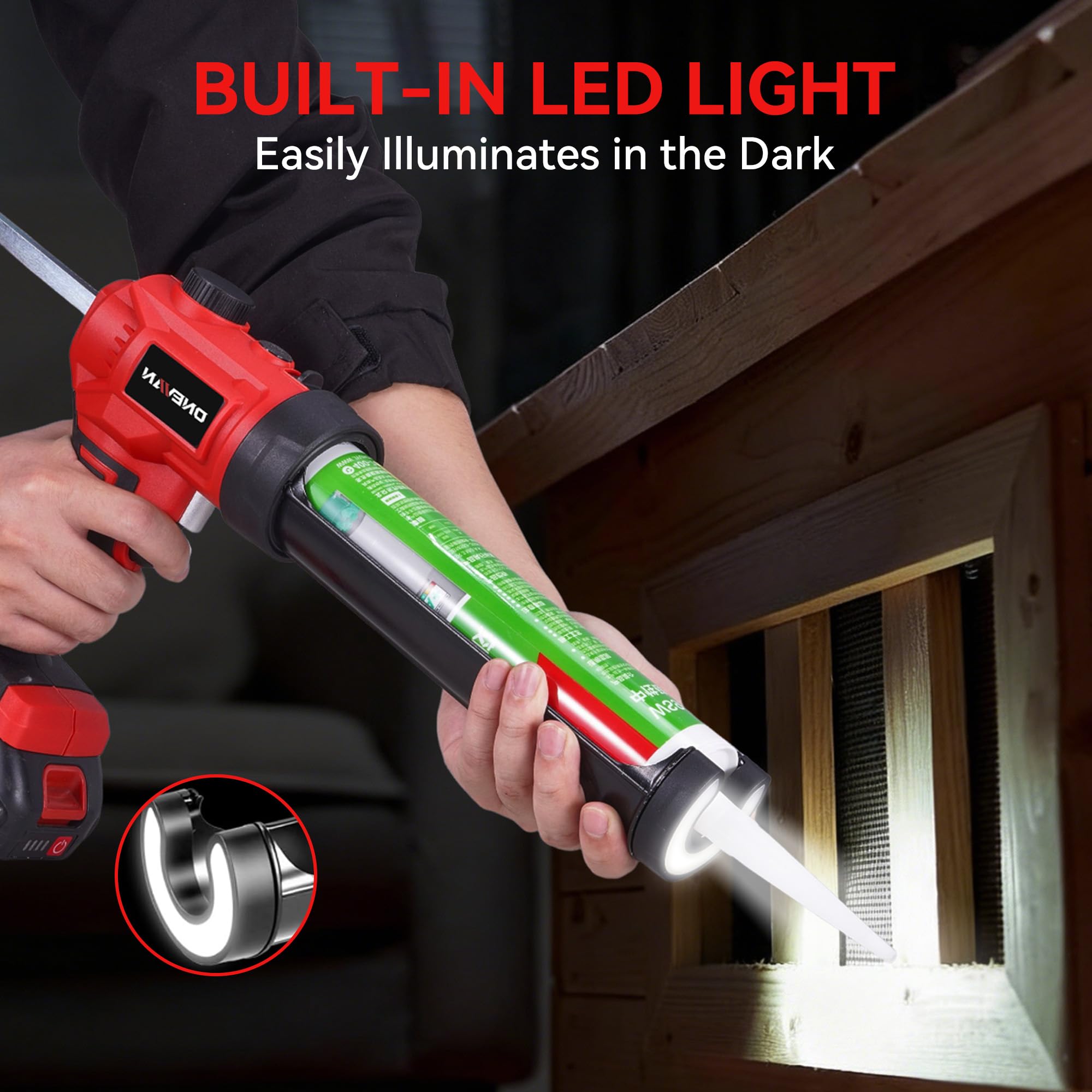 ONEVAN Pistolet à Cartouche sans Fil, Pistolet à Silicone Électrique 300ml, Contrôle de Vitesse Variable & Lampe LED, 24 Buses, 2x1,5Ah Batteries, pour Travaux d'Étanchéité, Mastics (Rouge)