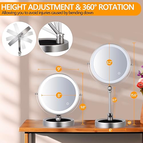 Miniatura 2 de FOCHIER F Espejo de maquillaje iluminado de altura ajustable 1X10X con aumento LED, espejo cosmético de tocador de 8 pulgadas, recargable, doble