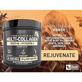 Premium Multi Collagen Peptides Powder (1, 2, 3, 5 & 10) with Protein. Vitamin C, Biotin, Hyaluronic Acid, for Hair Skin and Nails - Marine, Bovine, Chicken & Eggshell (Vanilla, 45 Servings)