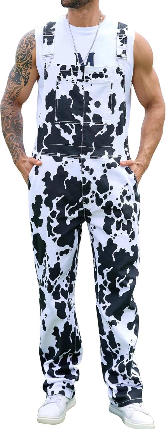 Cow Print Overalls for Men Animal Pants Fall Jumpsuit Bibs Coveralls