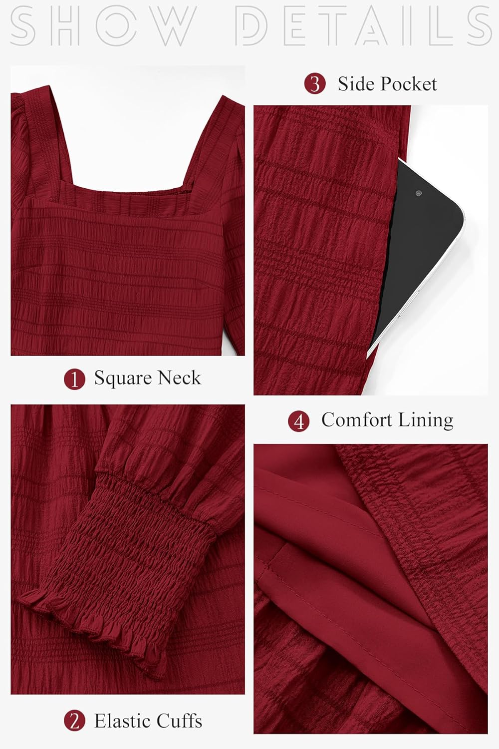 CFLONGE Women's Fall Dresses 2025 Puff Long Sleeve Square Neck Dress High Waist Smocked A-Line Flowy Wedding Party Maxi Dress - Image 4