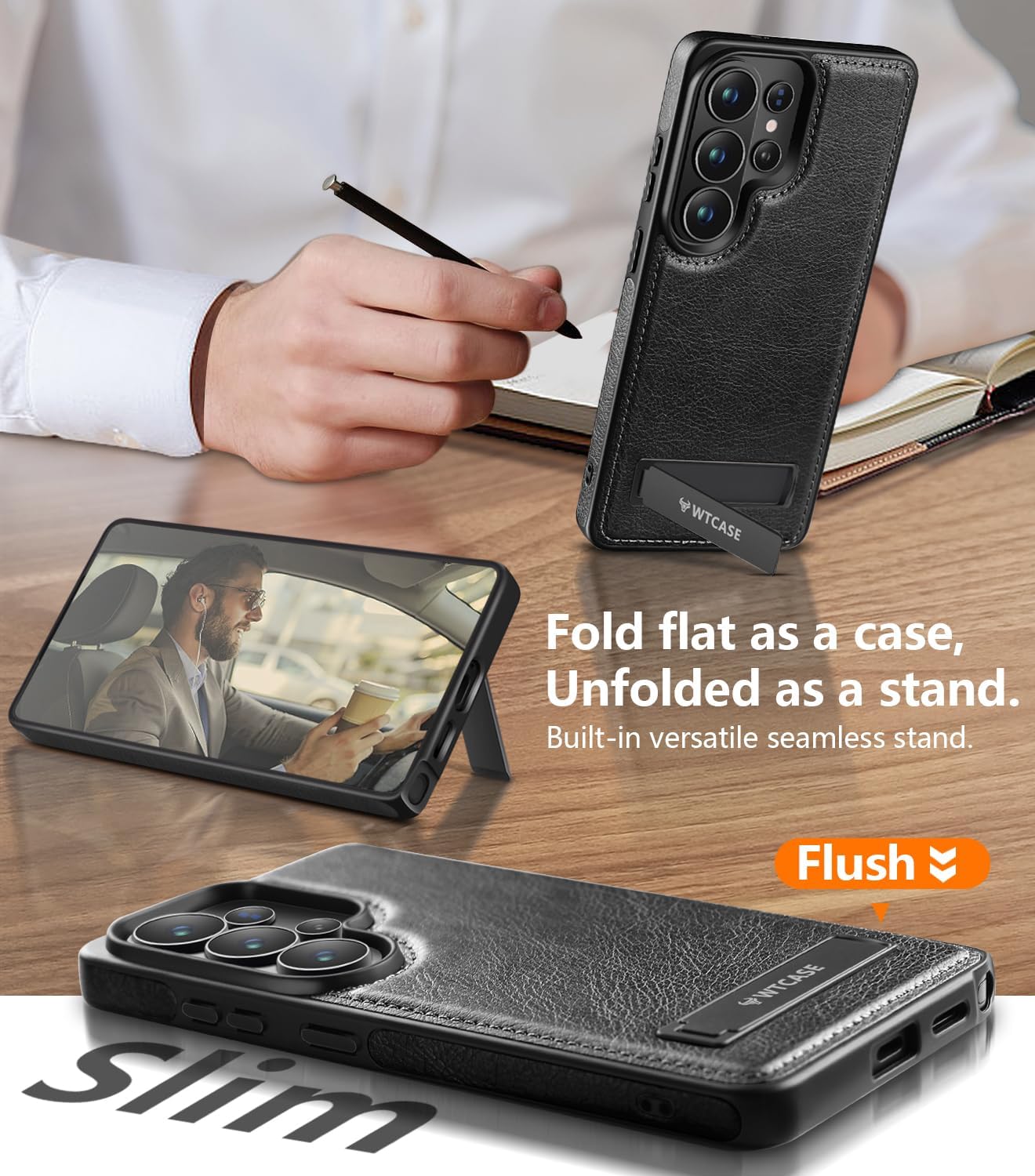 WTCASE Strong Magnetic for Samsung Galaxy S26 Ultra Leather Case with Stand,[Compatible with MagSafe], Slim Adjustable Kickstand Phone Cover (Black, S26 Ultra)