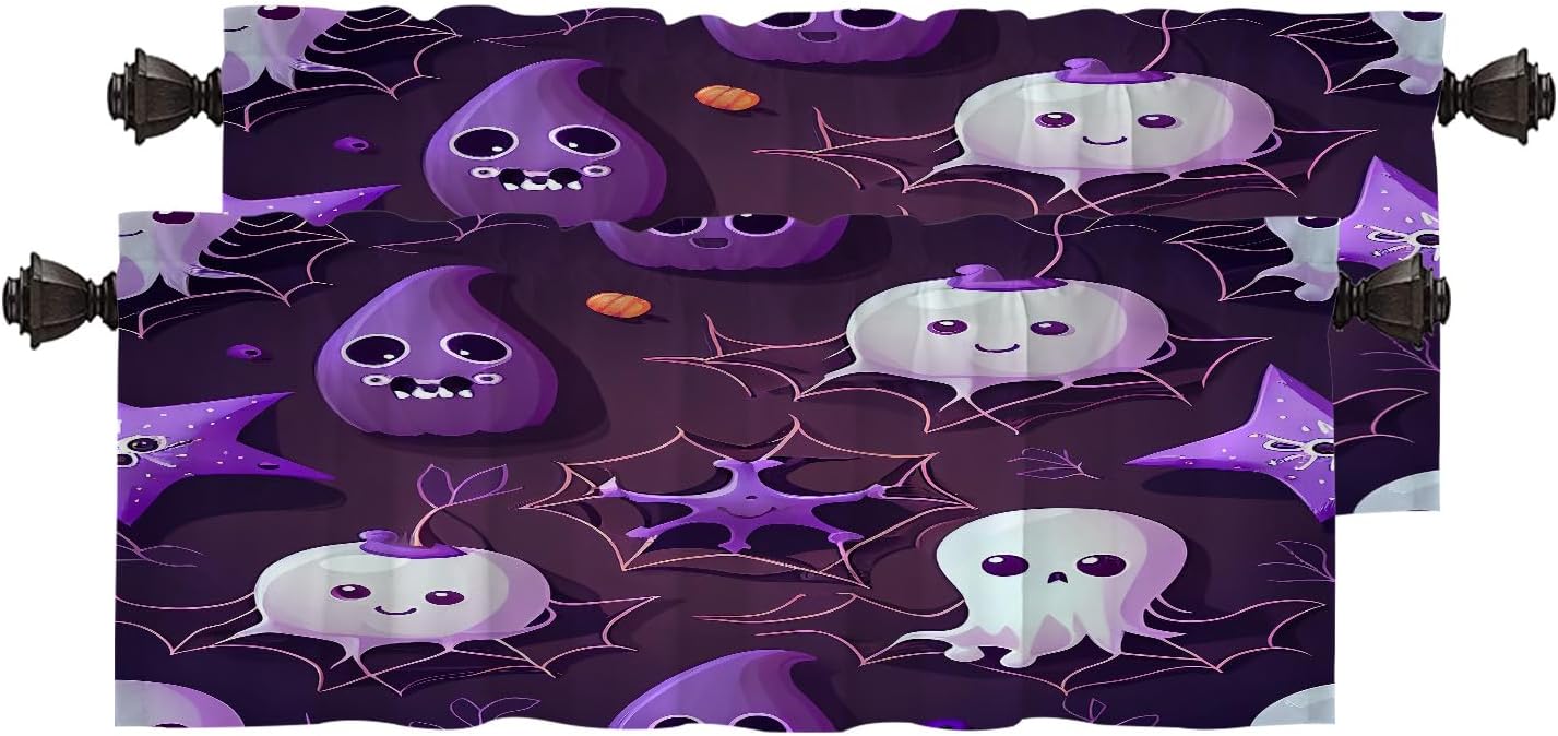 Halloween Seamless Ghosts Blackout Kitchen Curtain, Spider Web On Purple Window Treatment Rod Pocket Light Filtering Bathroom Short Valance 2 Pack 52X16 Inches