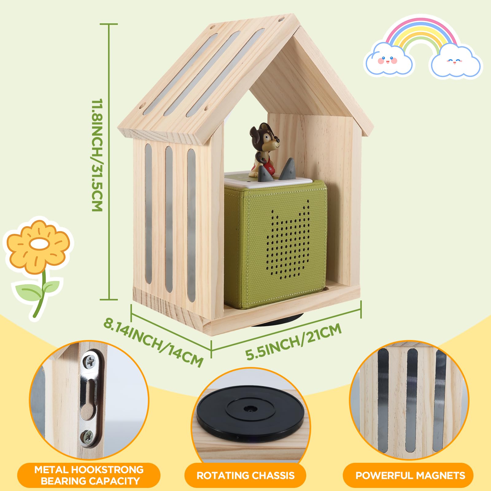 Givilio SpinLodge Holztonie-Regal für Toniebox 1 & 2, magnetische Wandhalterung mit 360° drehbarer Basis, Platz für 30-50 Figuren, hausförmiger kreativer Stauraum für Kinderzimmer