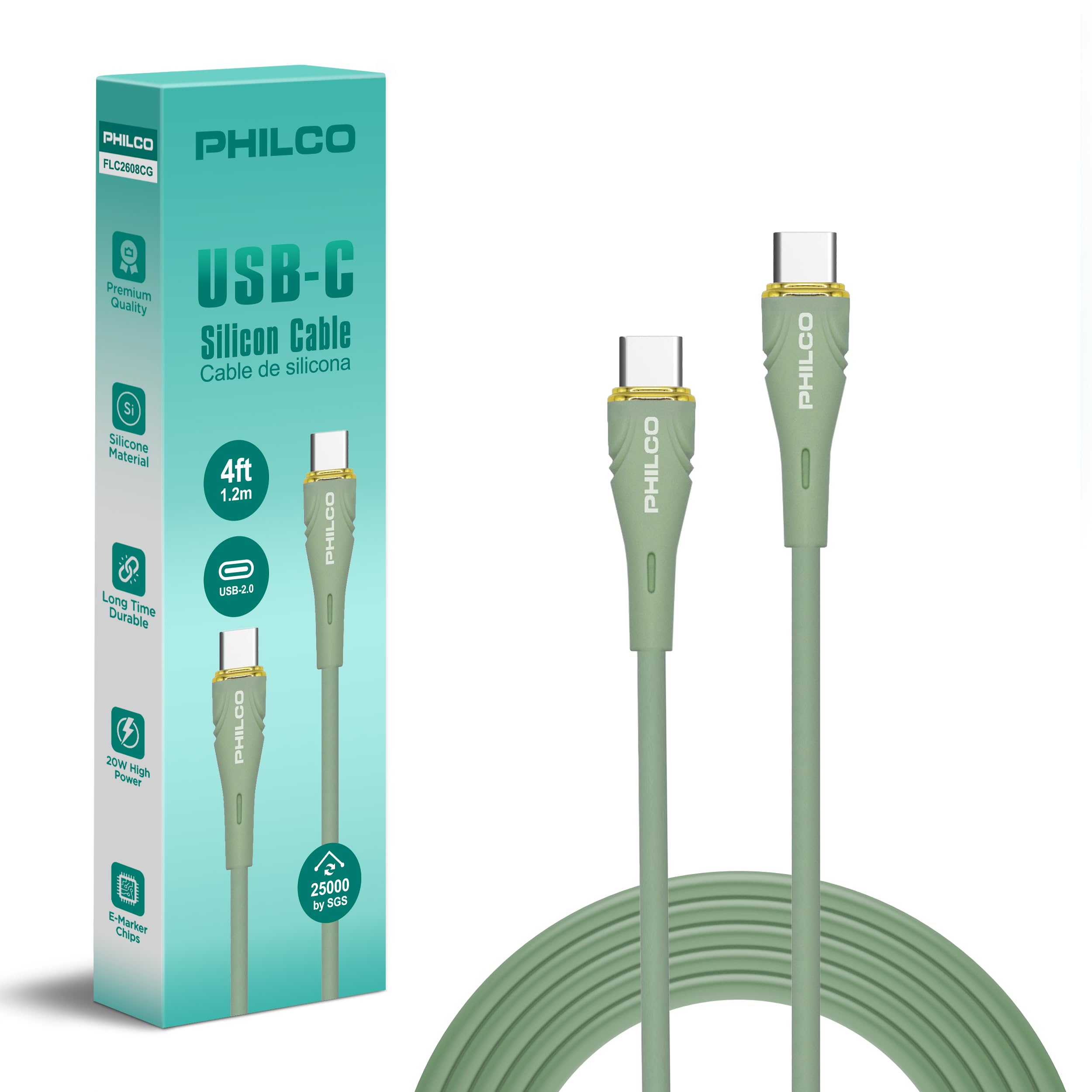 Philco USB C to USB C Cable, Type C Fast Charging Cable, 4FT, 20W Silicone Tangle Free USBC Cable for iPhone 15,16, MacBook Pro, iPad Air 4, iPad Pro & More (1, Green)