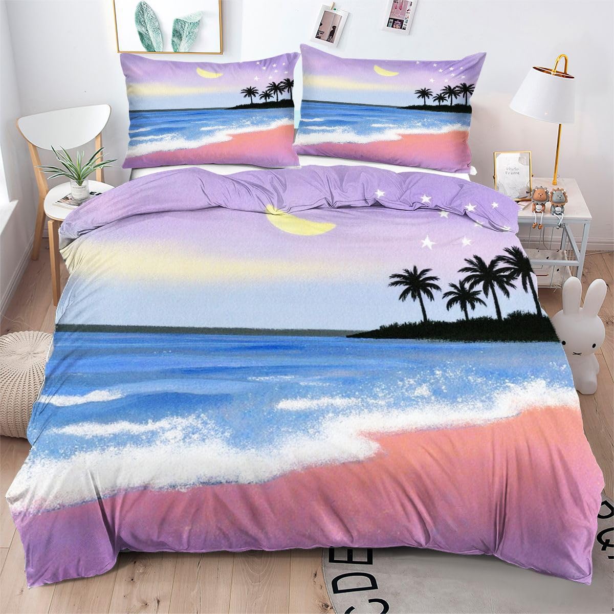 Parure de lit lune plage rose pour une chambre parentale évasion