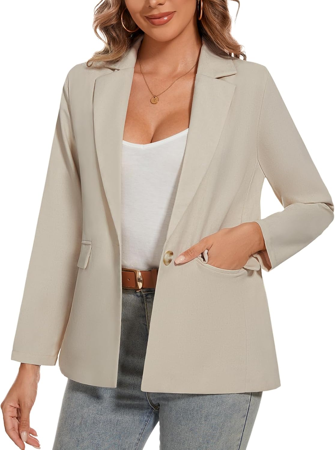 MINTLIMIT Cotton Linen Blazers for Women Long Sleeve Lapel Collar Blazer Pocketed One Button Suit Jacket Tailored Workwear for Daily/Work,2XL,Beige - Image 3
