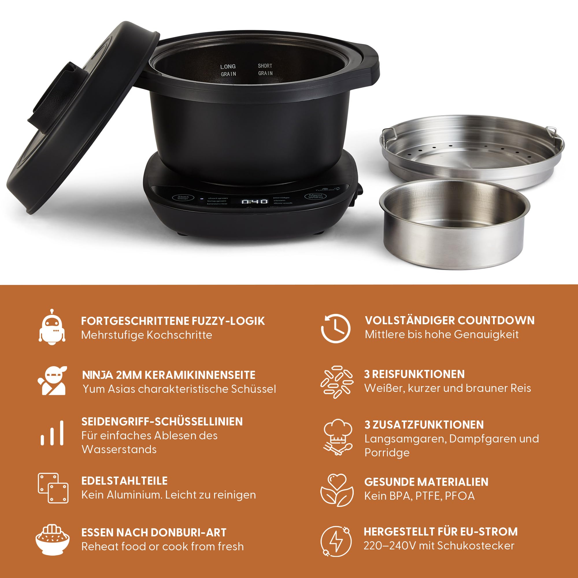Yum Asia Kotori Mini-Donburi-Reiskocher mit fortschrittlicher Fuzzy-Logik, Ninja-Keramikschüssel (1 Tasse, 0,18l), 3 Reisfunktionen, 3 Multicooker-Funktionen, LED-Anzeige, 220–240V (Anthrazitschwarz)