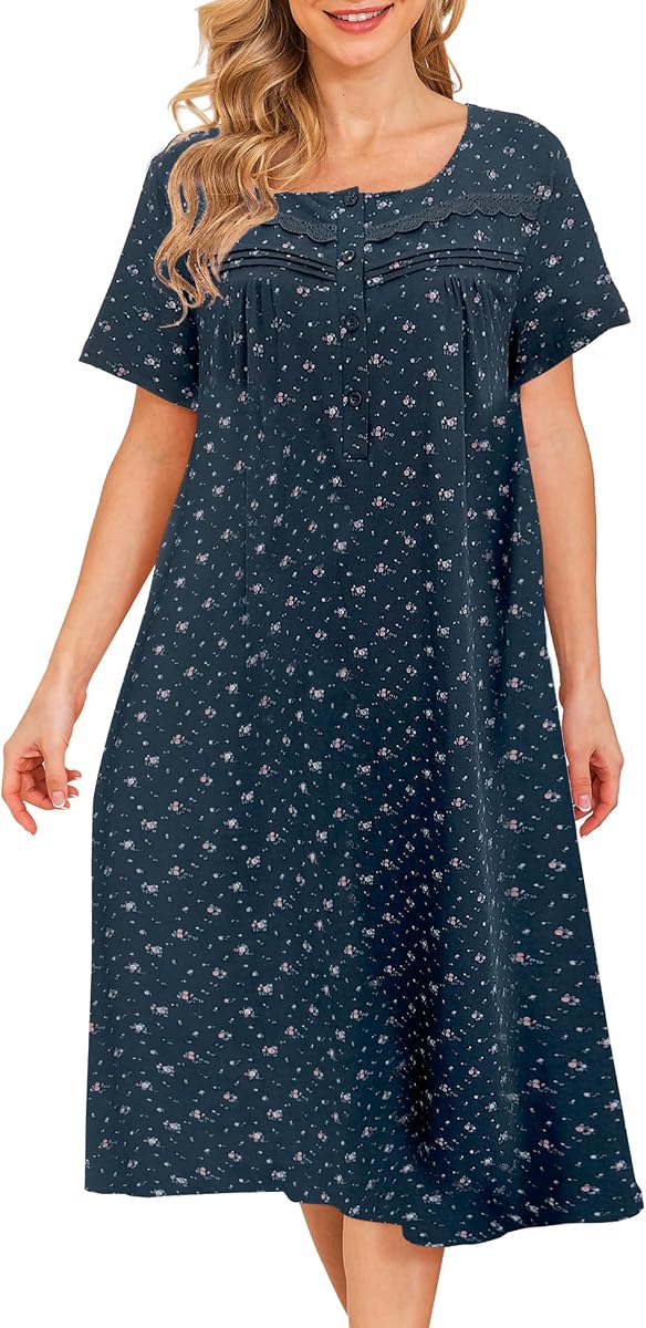 Bloggerlove Nightgowns for Women 100% Soft Cotton House Dress | 100 Full Cotton, Button Neck, Knee Length, Lace Trim Floral, Breathable, Skin-frieend, Loose Fit, Comfy Sleepwear