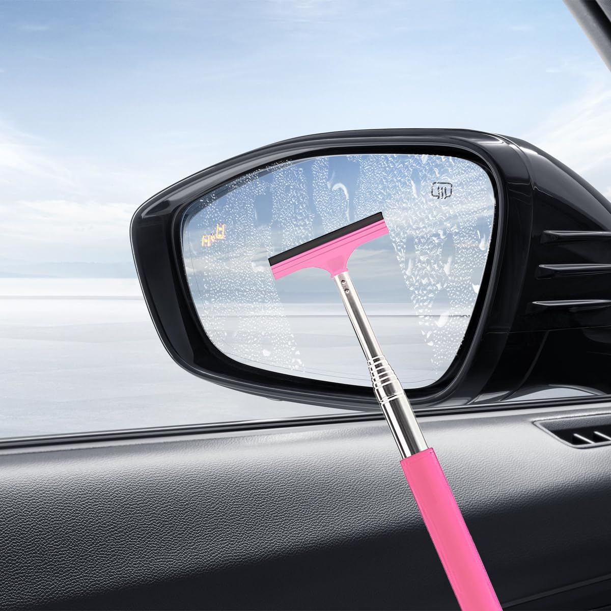 Car Side Mirror Squeegee, Retractable Vehicle Rear View Mirror Wiper with Anti-Slip Handle, Portable Automotive Rearview Squeegee Cleaner for Car Raindrop, Universal Fit (Pink)