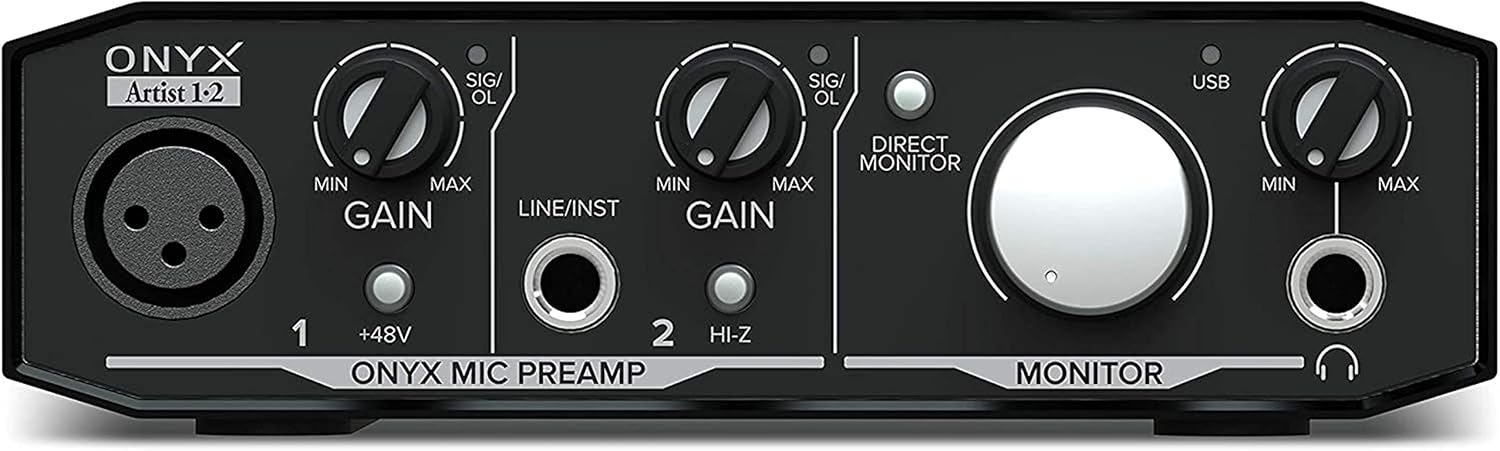 Mackie Onyx Artist 1-2 USB Audio Interface 2-in/2-out, 24-bit/192kHz, with 1 Onyx Mic Preamp, Zero-Latency Direct Monitoring - Mac/PC with Gravity Phone Holder and EMB 1/4" and XLR Cable Bundle