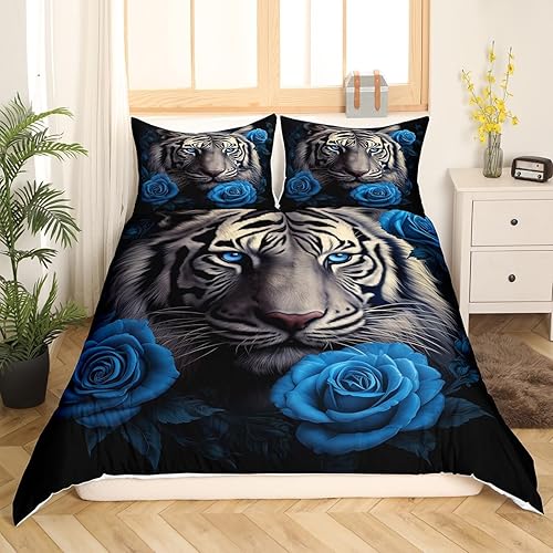 Feelyou Juego de funda de edredón de tigre 3D para niños, juego de ropa de cama con estampado de tigre rosa azul, tamaño individual para